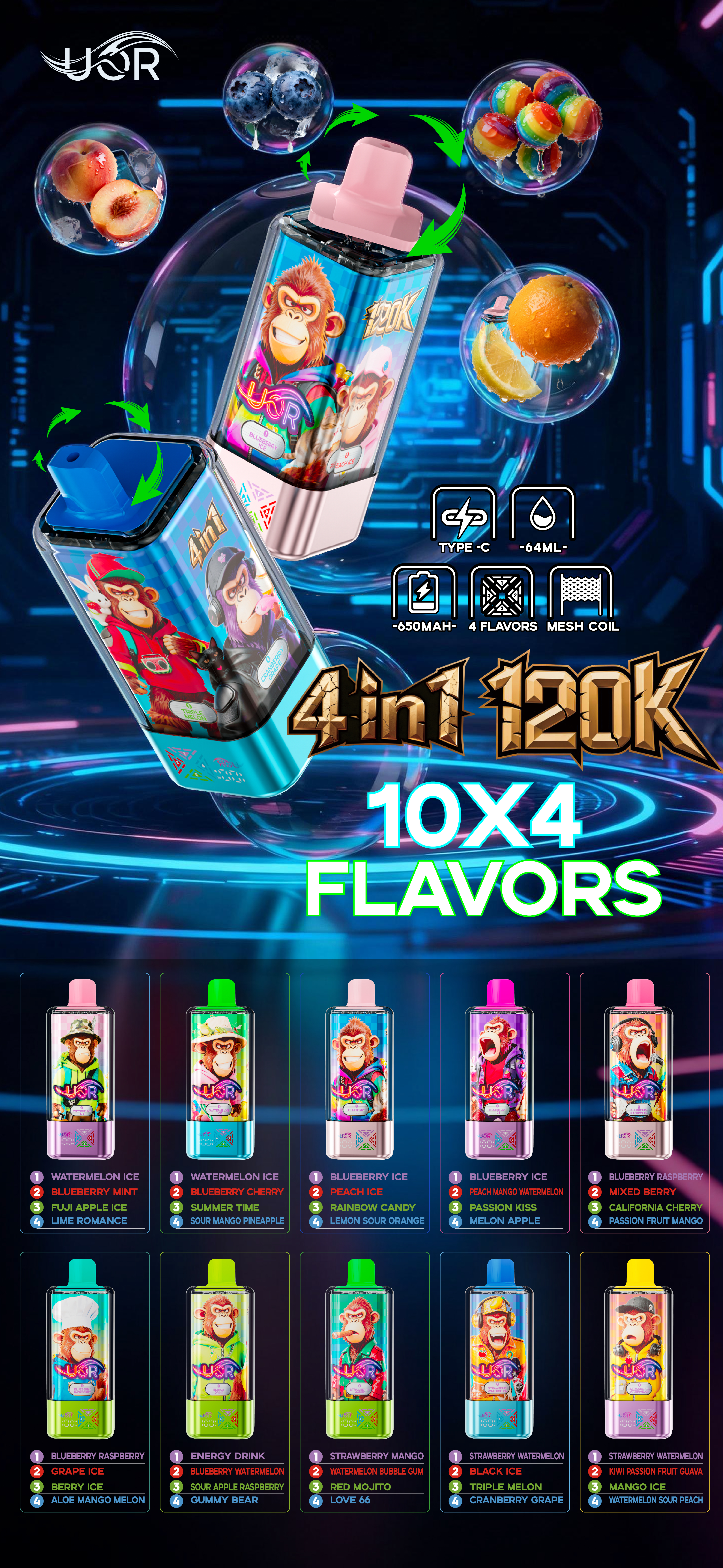 UOR 4-in-1 Flavors 120K Puffs 4 Distinct Flavors LED Screen 2%5% Nicotine Disposable Vape - Vapo247