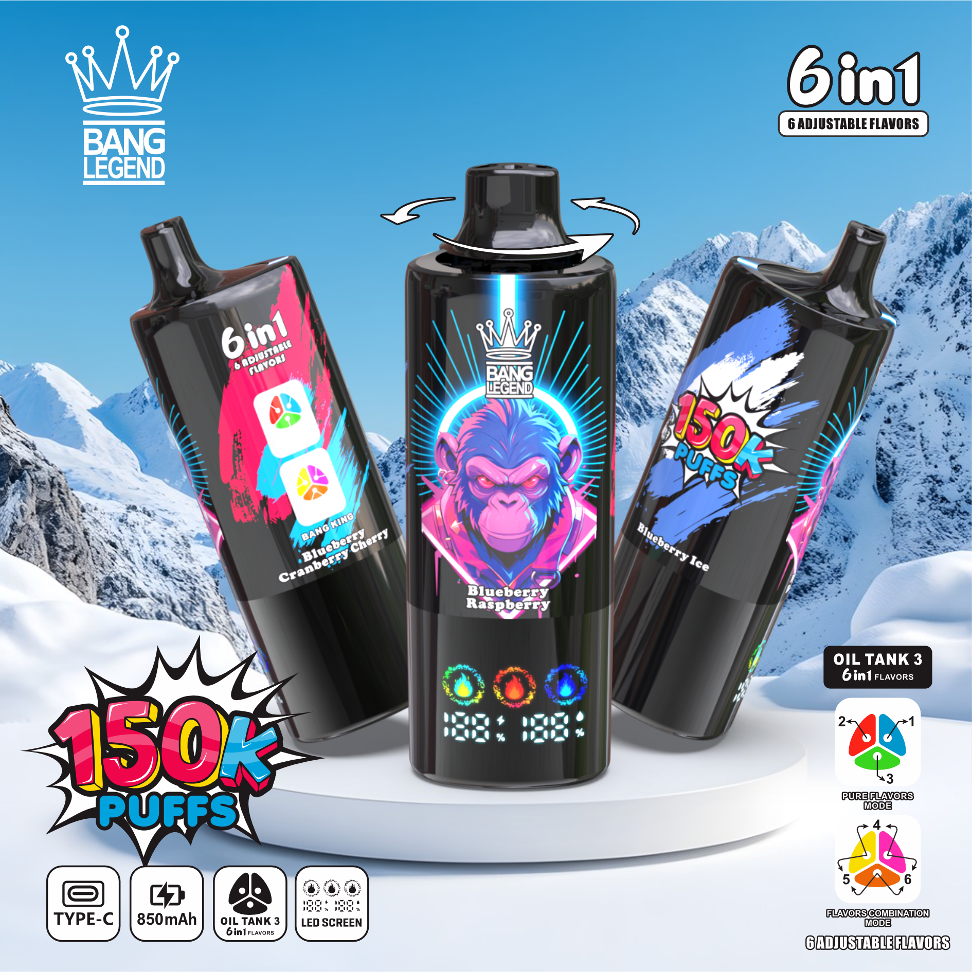 BANG LEGEND 6-in-1 150K Puffs LED Screen Display 6 Flavors Legendery Disposable Vape - Vapo247