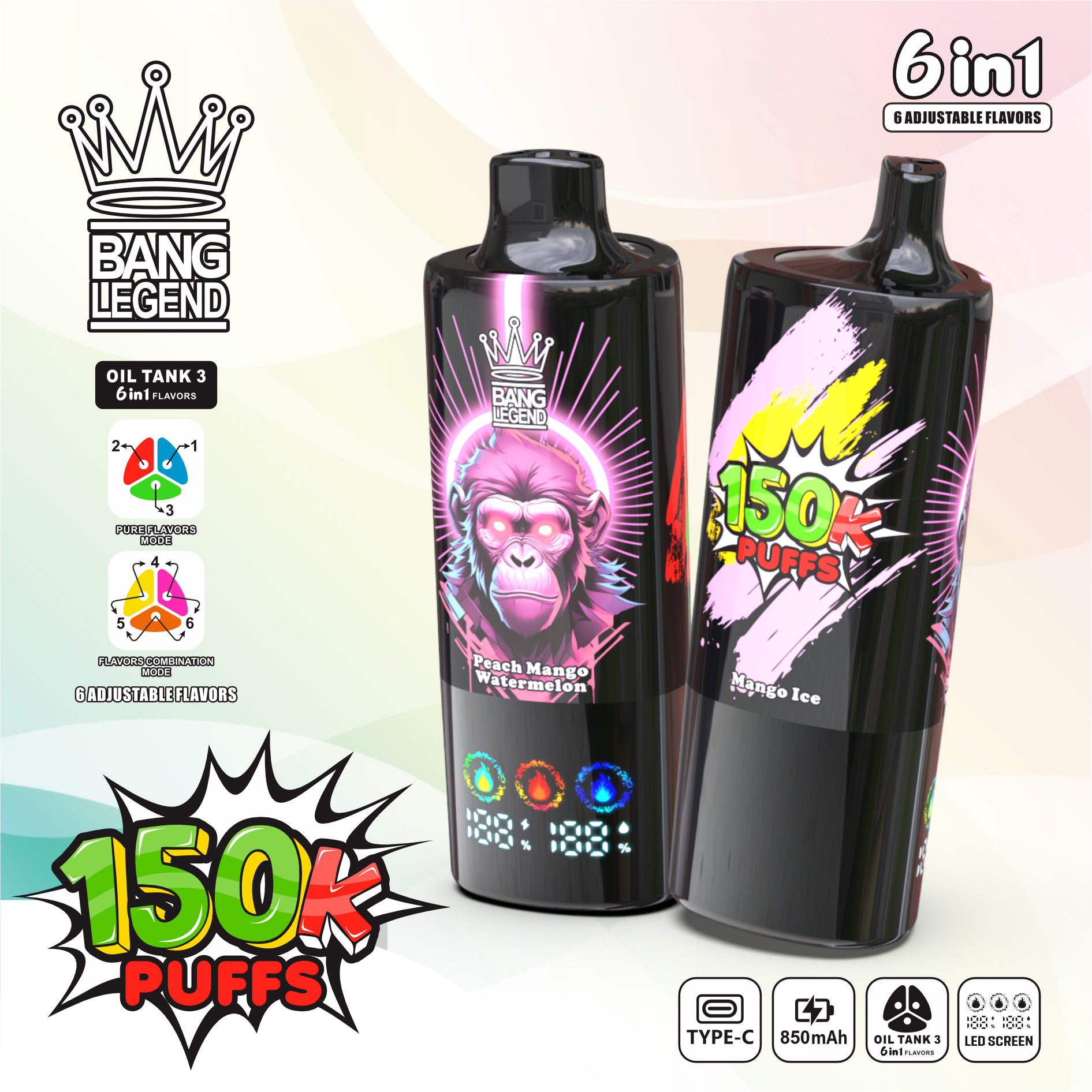 BANG LEGEND 6-in-1 150K Puffs LED Screen Display 6 Flavors Legendery Disposable Vape - Vapo247