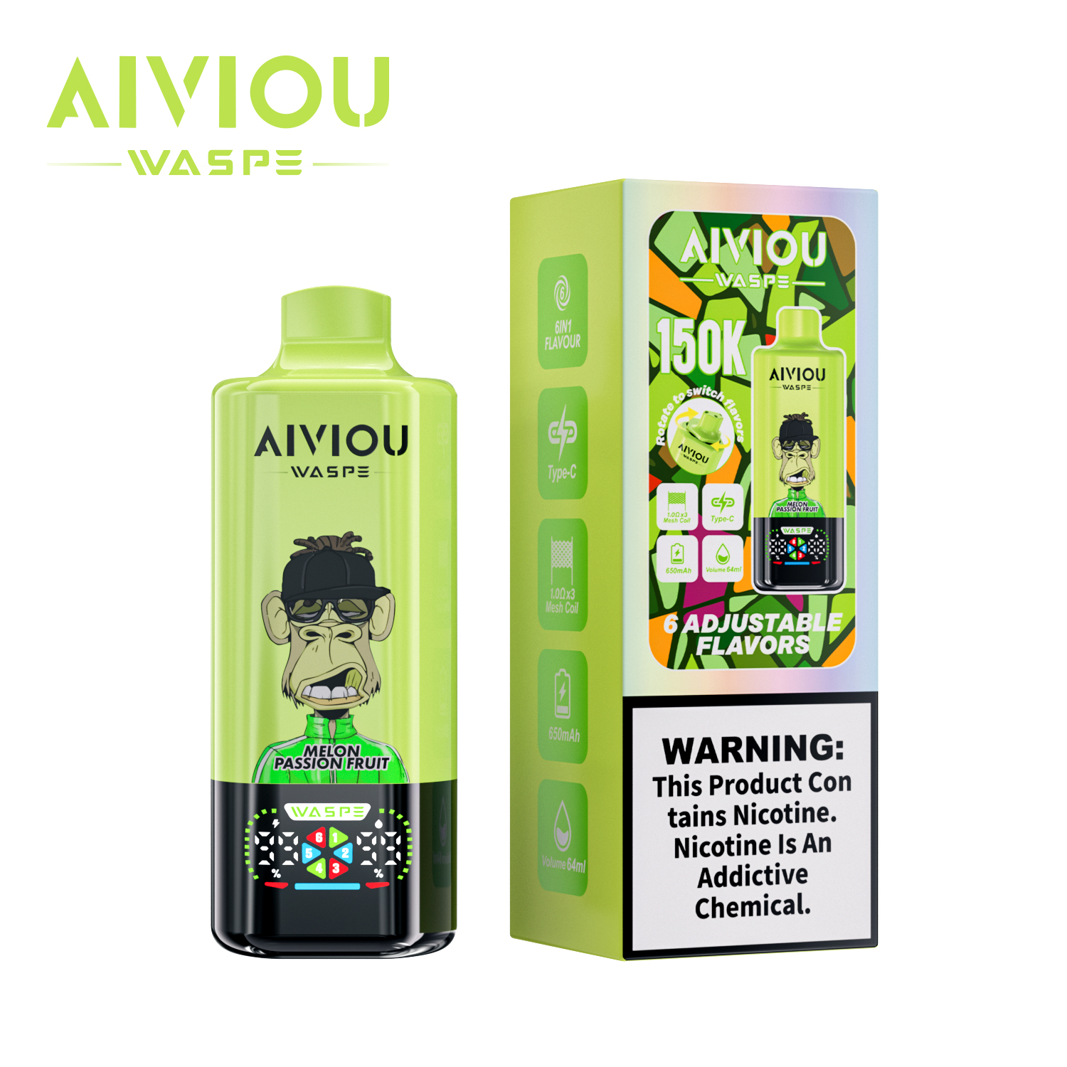 WASPE Aiviou 6-in-1 150K puffs 6 Adjustable Flavors LED Display Screen 2%5% Nicotine Disposable Vape - Vapo247