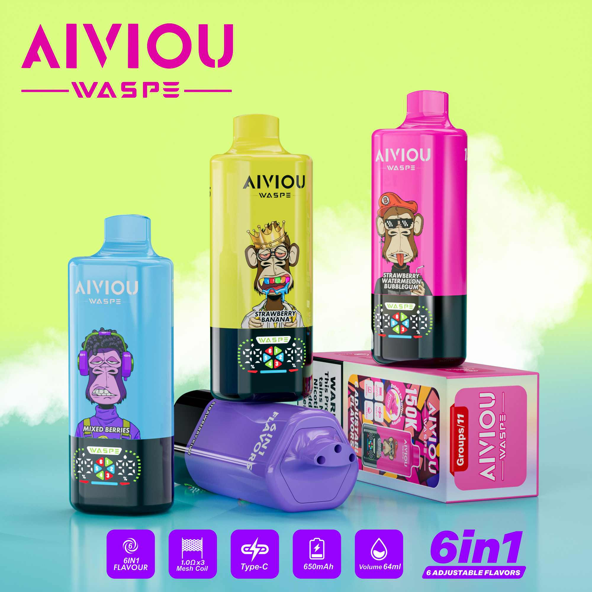 WASPE Aiviou 6-in-1 150K puffs 6 Adjustable Flavors LED Display Screen 2%5% Nicotine Disposable Vape - Vapo247