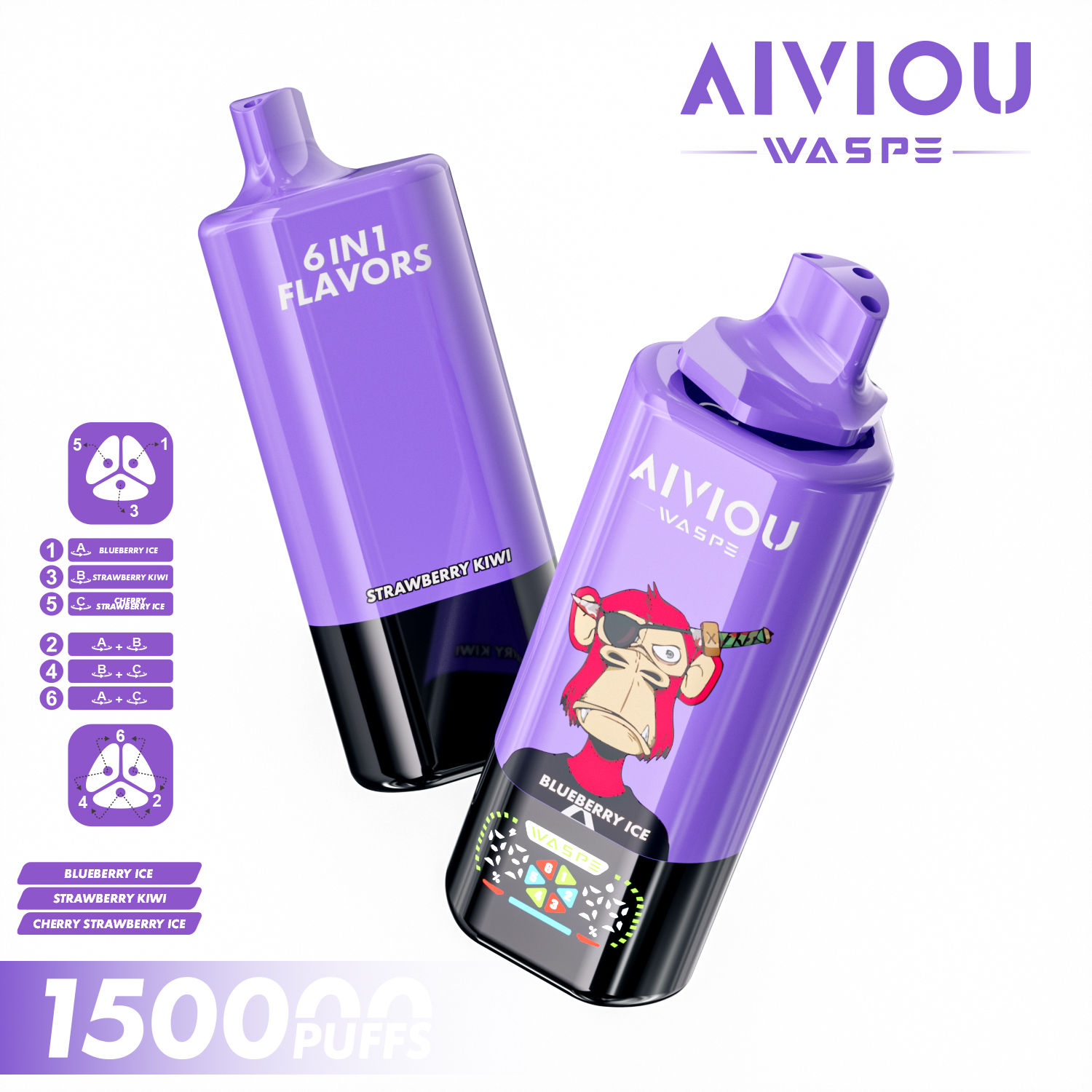 WASPE Aiviou 6-in-1 150K puffs 6 Adjustable Flavors LED Display Screen 2%5% Nicotine Disposable Vape - Vapo247