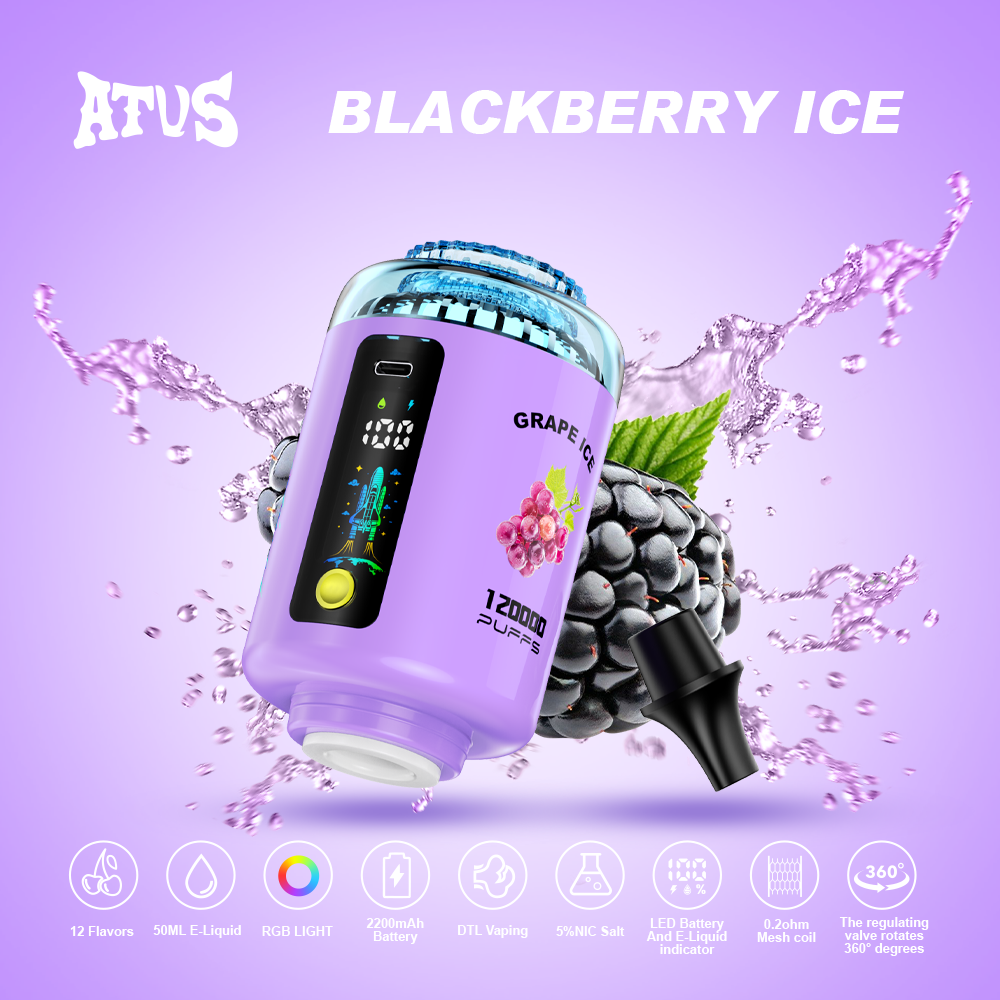 ATUS 120K Hookah Shisha 120K Puffs LED Display RGB Light DTL Puff 2500 mAh Battery 360 Degree Valve Disposable Vape - Vapo247