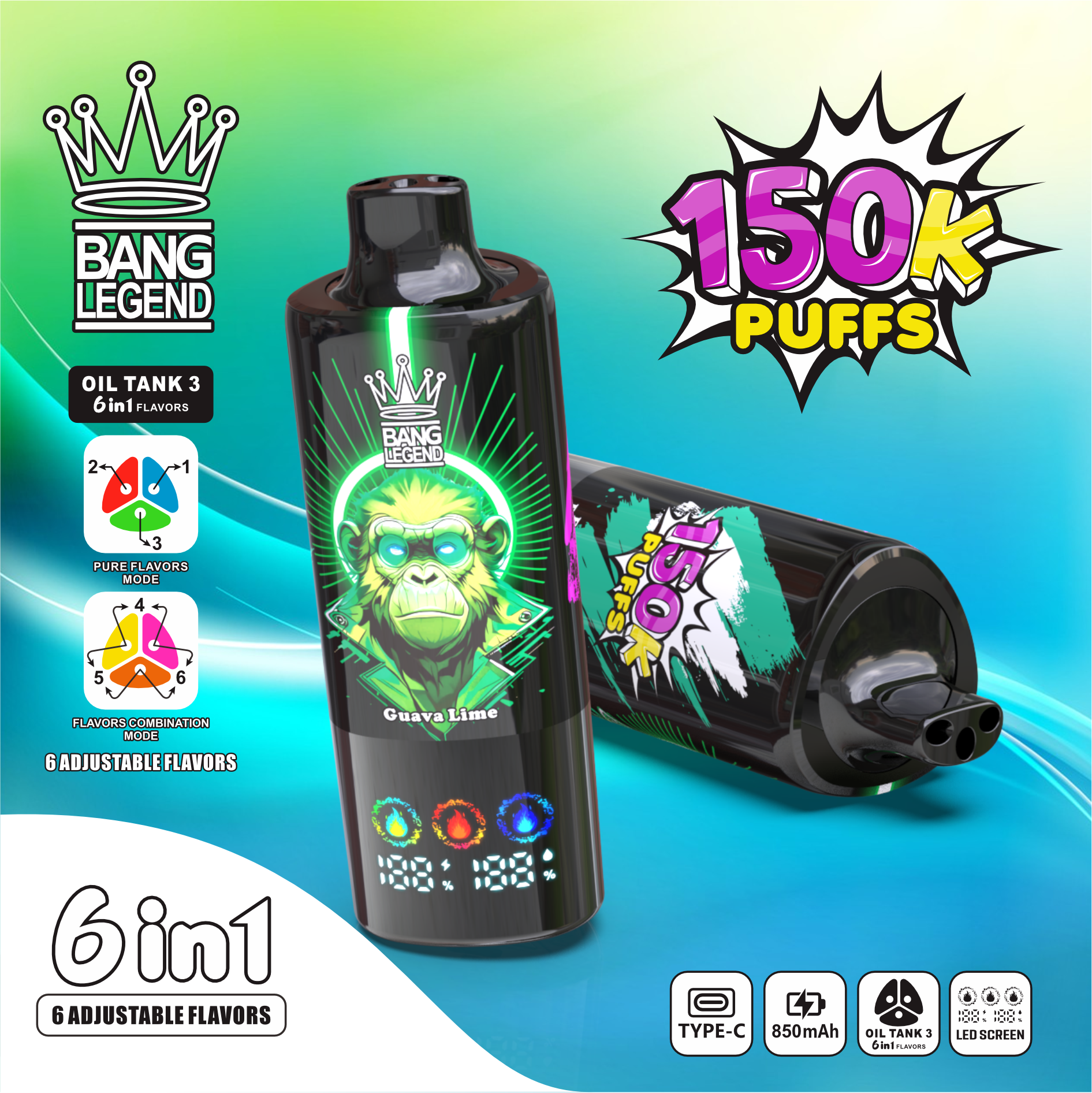 BANG LEGEND 6-in-1 150K Puffs LED Screen Display 6 Flavors Legendery Disposable Vape - Vapo247