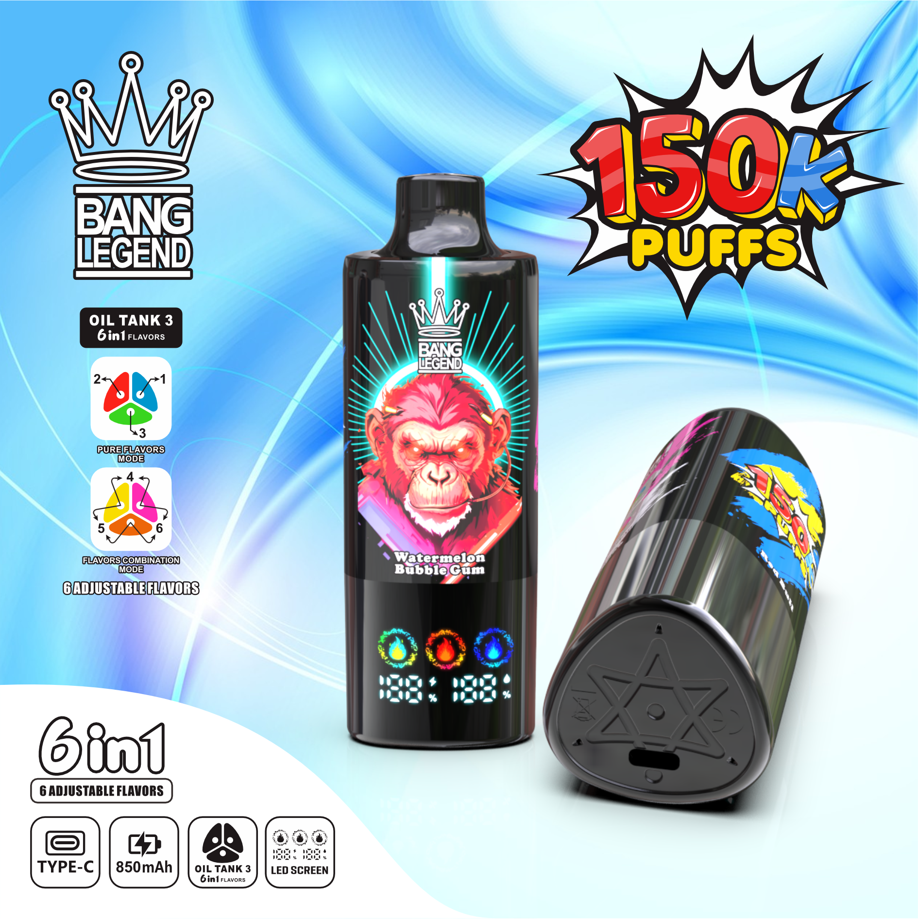 BANG LEGEND 6-in-1 150K Puffs LED Screen Display 6 Flavors Legendery Disposable Vape - Vapo247