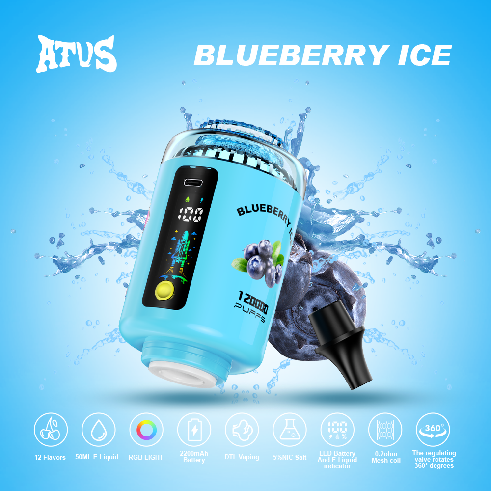 ATUS 120K Hookah Shisha 120K Puffs LED Display RGB Light DTL Puff 2500 mAh Battery 360 Degree Valve Disposable Vape - Vapo247