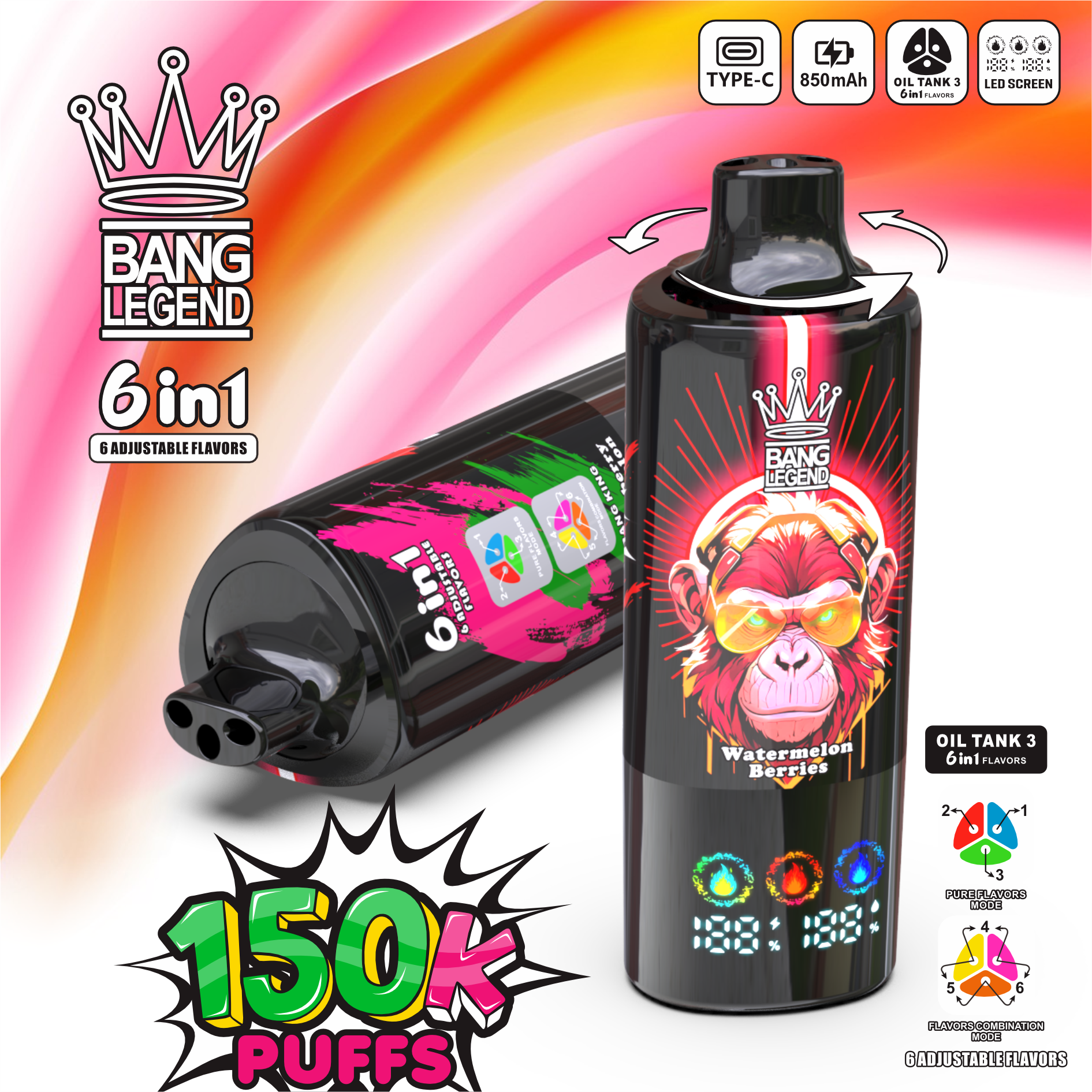 BANG LEGEND 6-in-1 150K Puffs LED Screen Display 6 Flavors Legendery Disposable Vape - Vapo247