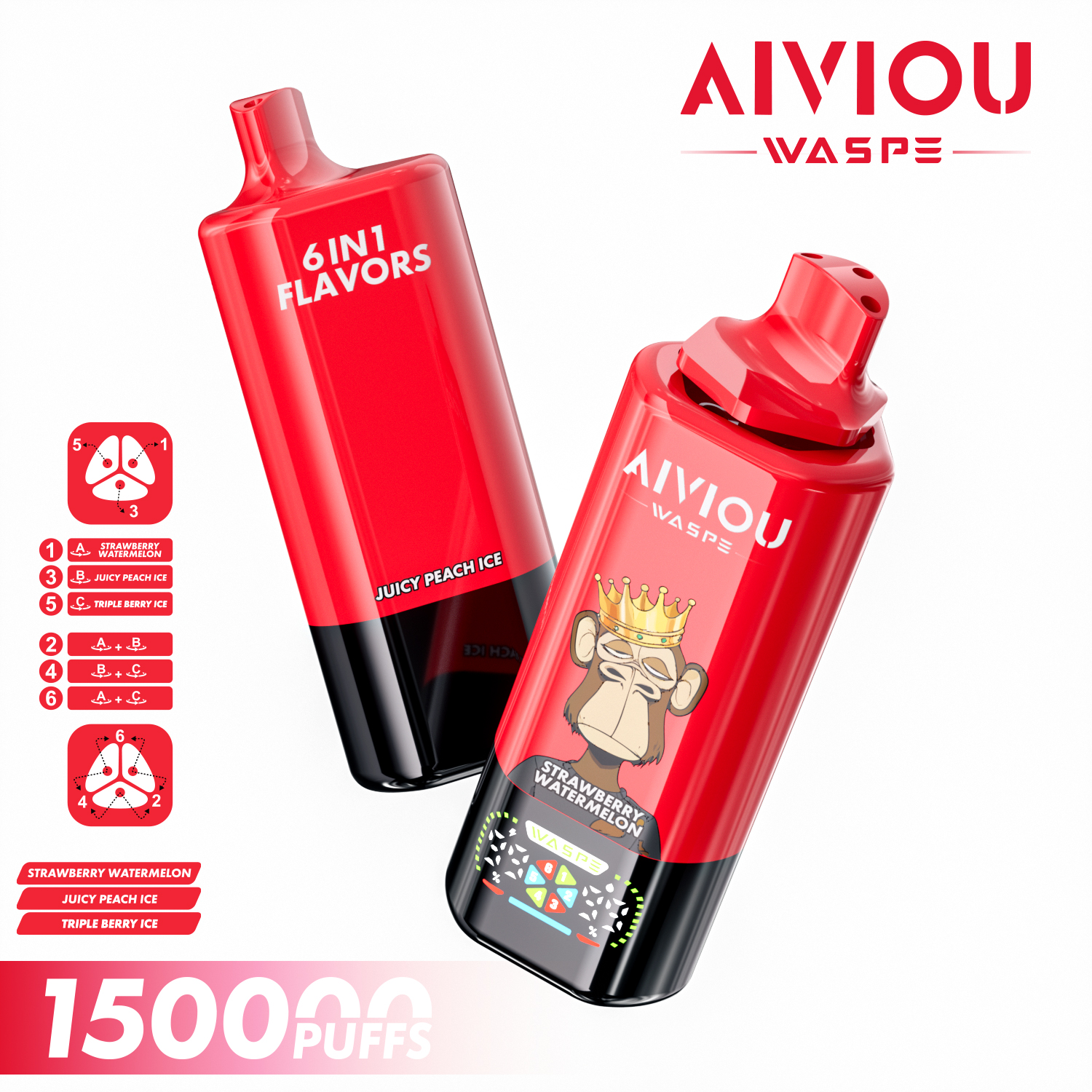 WASPE Aiviou 6-in-1 150K puffs 6 Adjustable Flavors LED Display Screen 2%5% Nicotine Disposable Vape - Vapo247