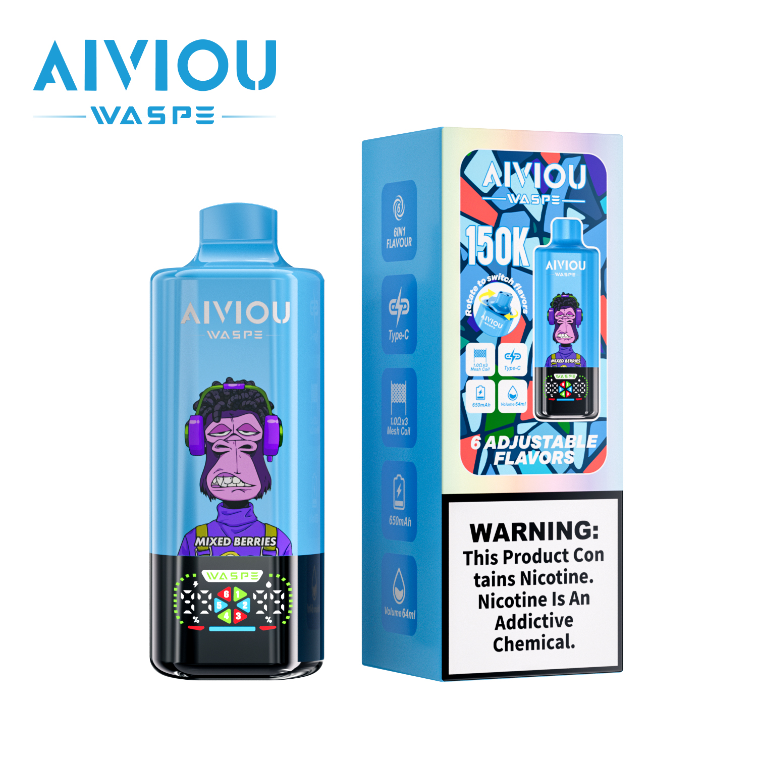 WASPE Aiviou 6-in-1 150K puffs 6 Adjustable Flavors LED Display Screen 2%5% Nicotine Disposable Vape - Vapo247