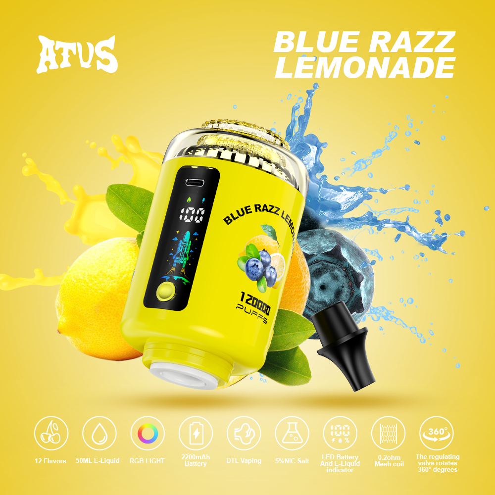 ATUS 120K Hookah Shisha 120K Puffs LED Display RGB Light DTL Puff 2500 mAh Battery 360 Degree Valve Disposable Vape - Vapo247