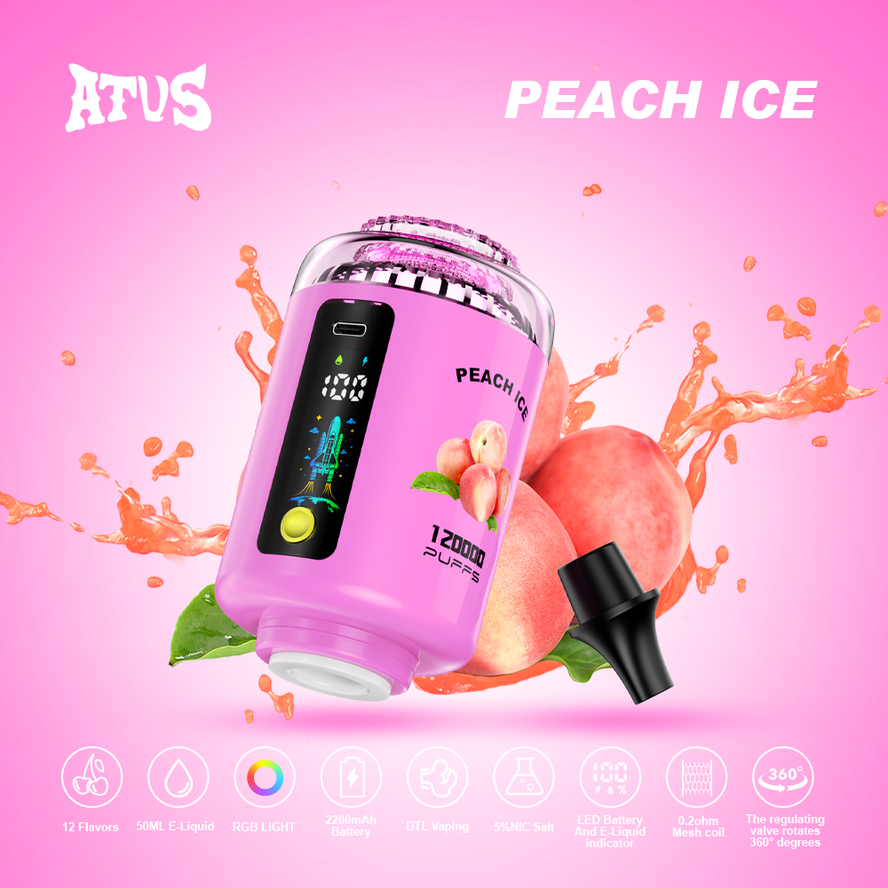 ATUS 120K Hookah Shisha 120K Puffs LED Display RGB Light DTL Puff 2500 mAh Battery 360 Degree Valve Disposable Vape - Vapo247
