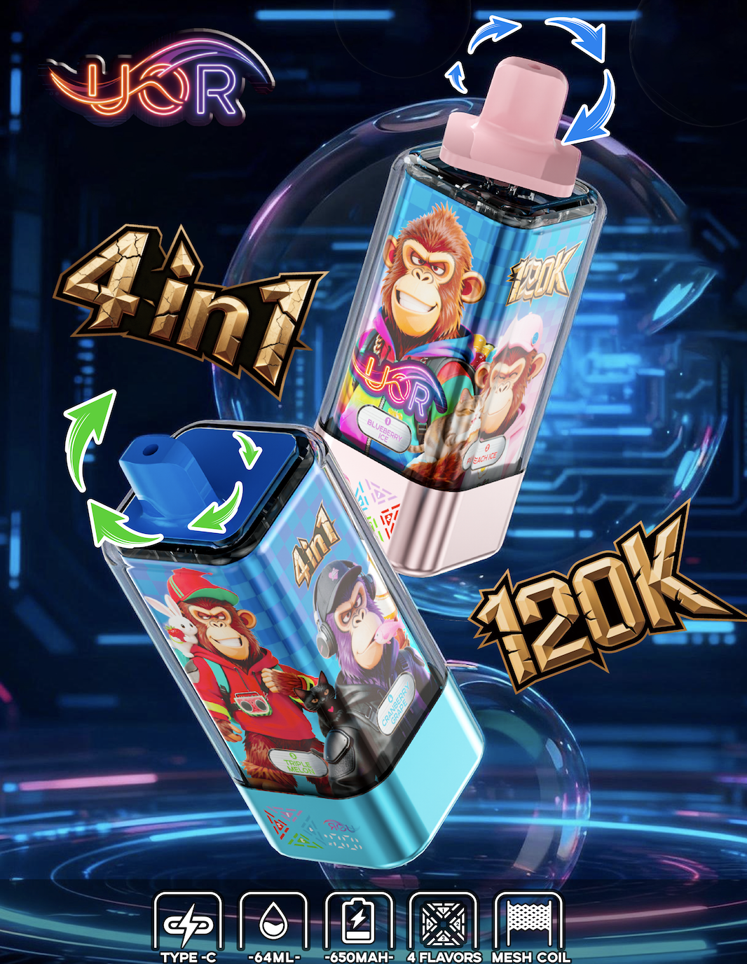 UOR 4-in-1 Flavors 120K Puffs 4 Distinct Flavors LED Screen 2%5% Nicotine Disposable Vape - Vapo247