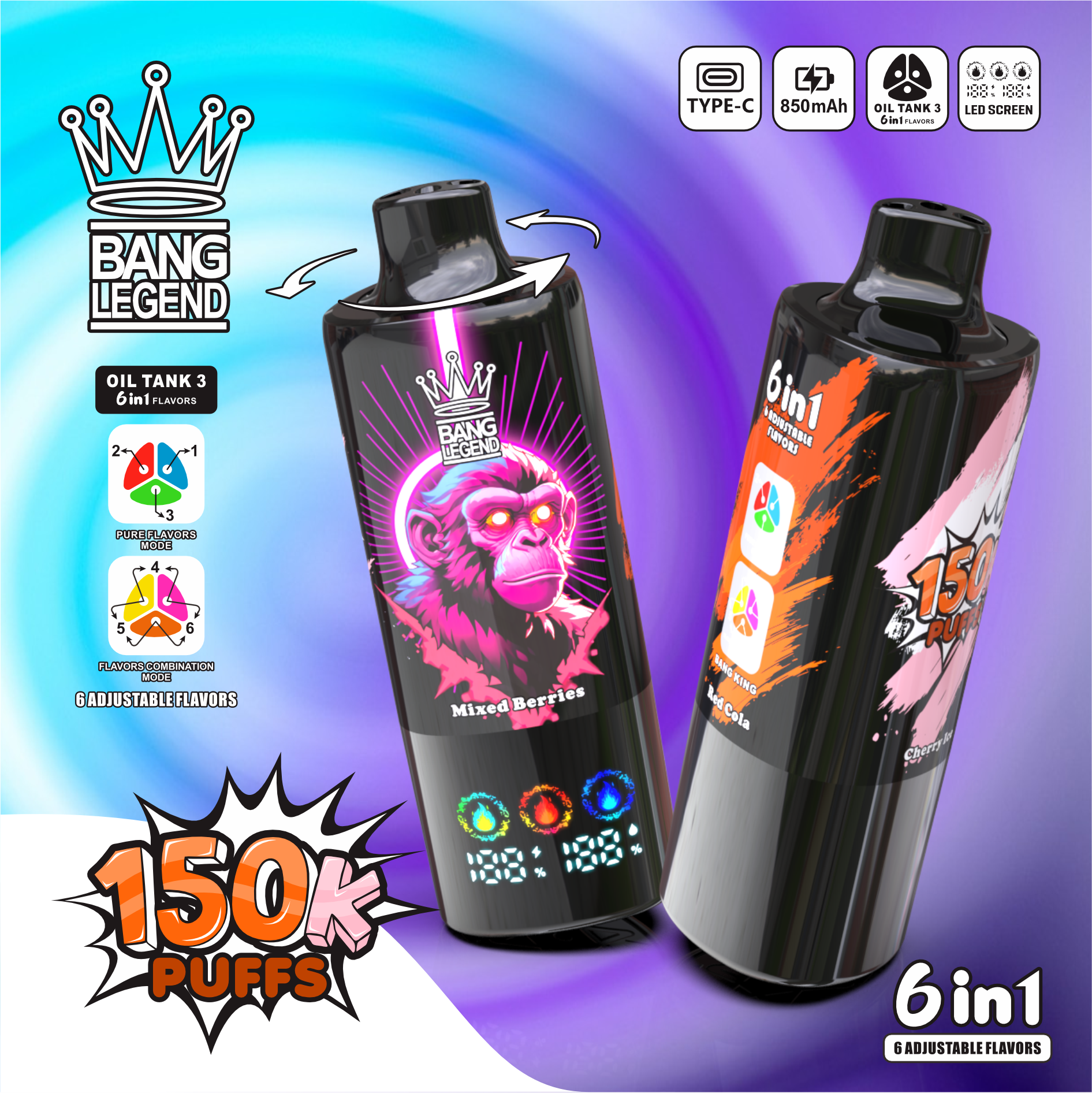 BANG LEGEND 6-in-1 150K Puffs LED Screen Display 6 Flavors Legendery Disposable Vape - Vapo247