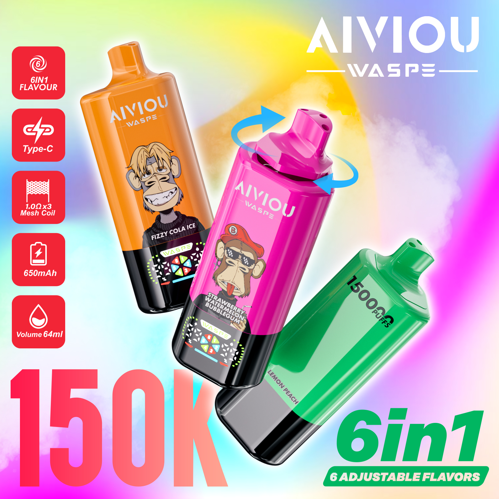WASPE Aiviou 6-in-1 150K puffs 6 Adjustable Flavors LED Display Screen 2%5% Nicotine Disposable Vape - Vapo247