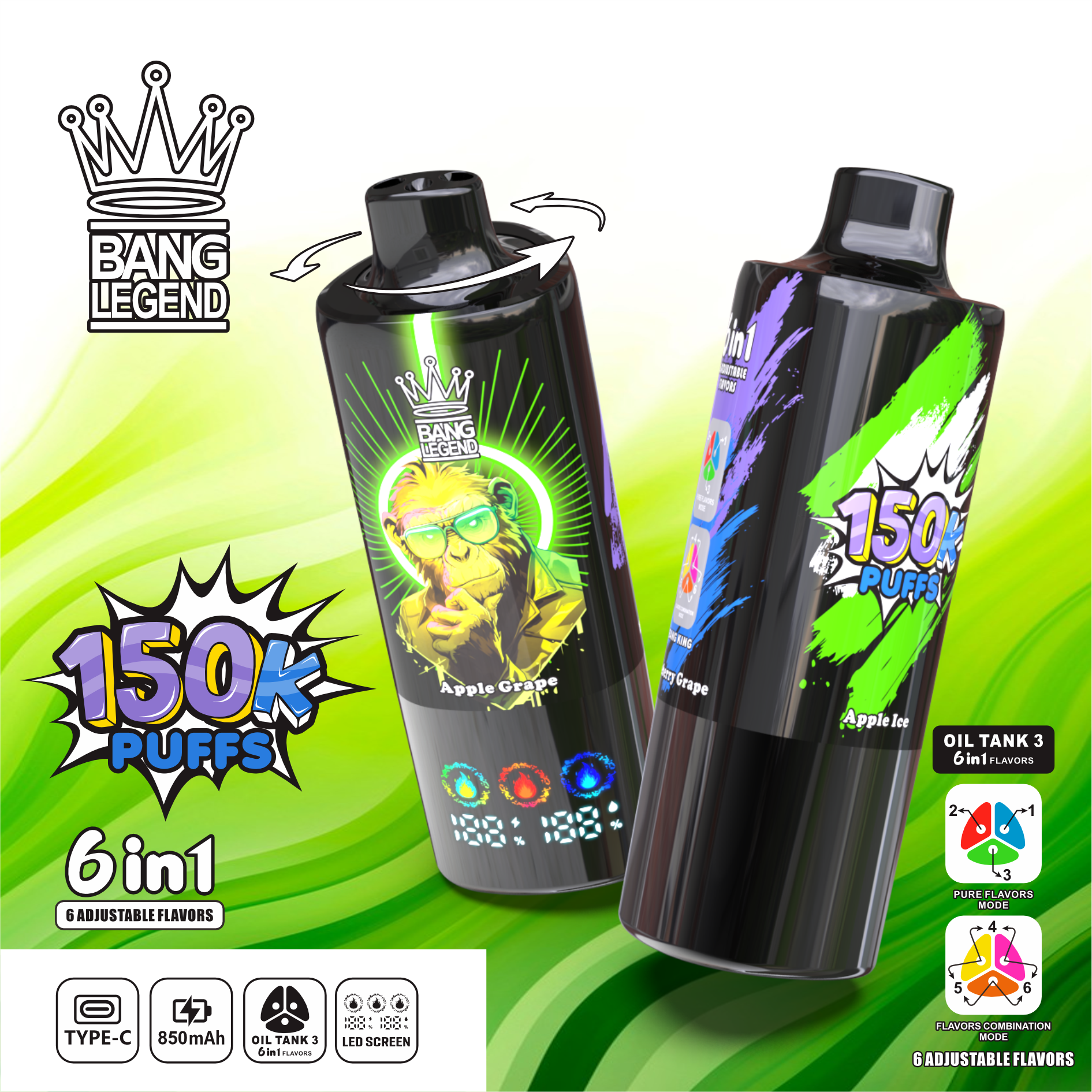 BANG LEGEND 6-in-1 150K Puffs LED Screen Display 6 Flavors Legendery Disposable Vape - Vapo247