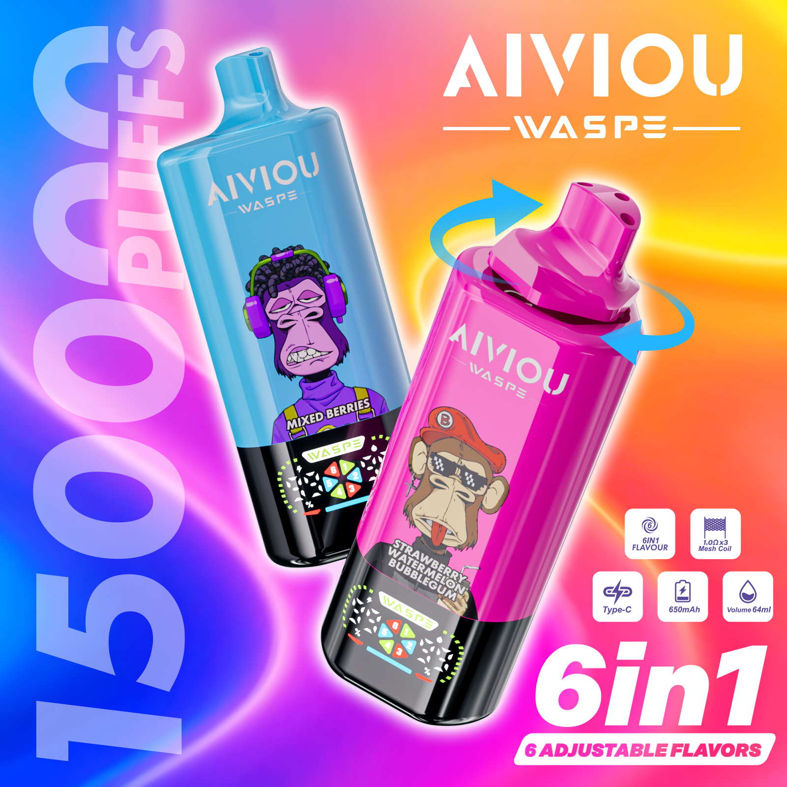 WASPE Aiviou 6-in-1 150K puffs 6 Adjustable Flavors LED Display Screen 2%5% Nicotine Disposable Vape - Vapo247
