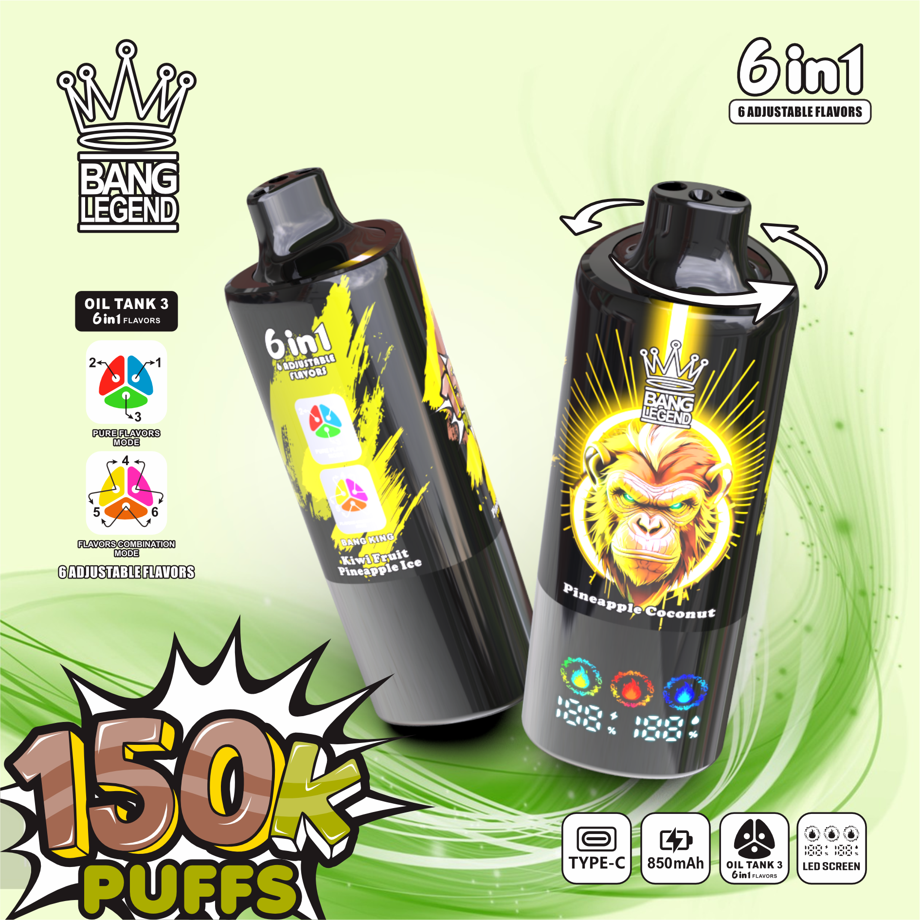 BANG LEGEND 6-in-1 150K Puffs LED Screen Display 6 Flavors Legendery Disposable Vape - Vapo247