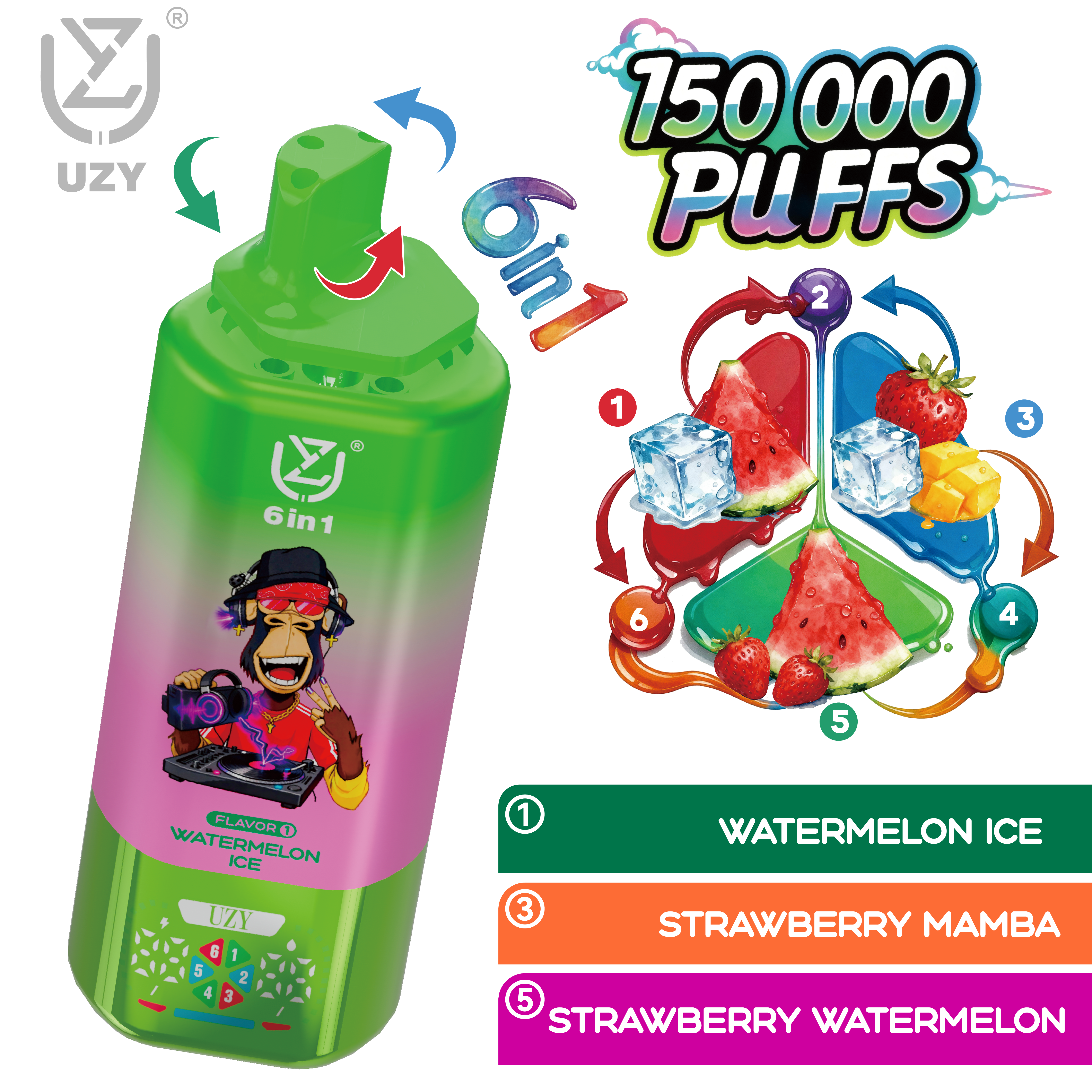 UZY 6-in-1 150K Puffs Quad Mesh Coil 46ml E-liquid 650mAh Battery LED Display  0%2%5% Nicotine Strengths  Disposable Vape - Vapo247