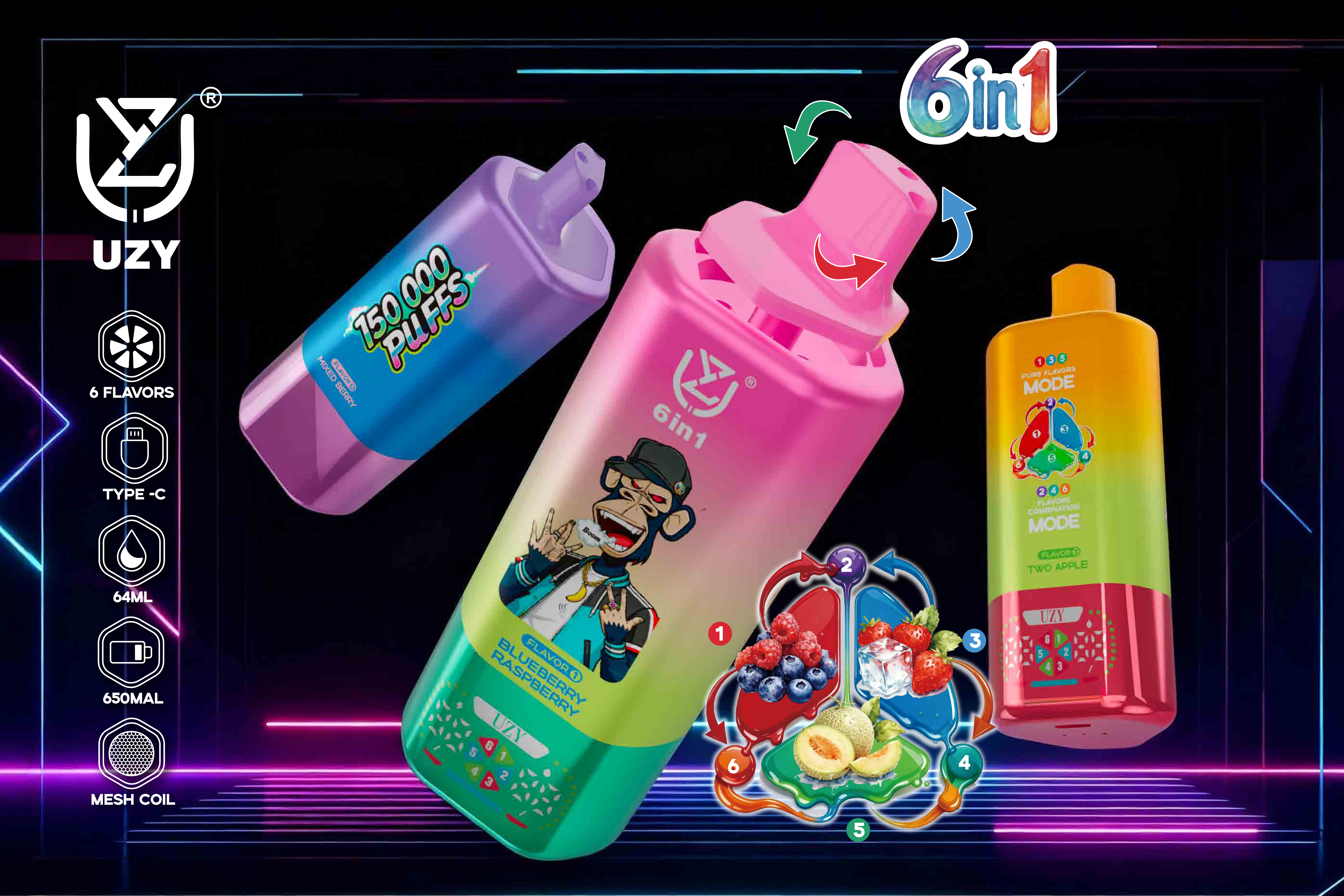 UZY 6-in-1 150K Puffs Quad Mesh Coil 46ml E-liquid 650mAh Battery LED Display  0%2%5% Nicotine Strengths  Disposable Vape - Vapo247