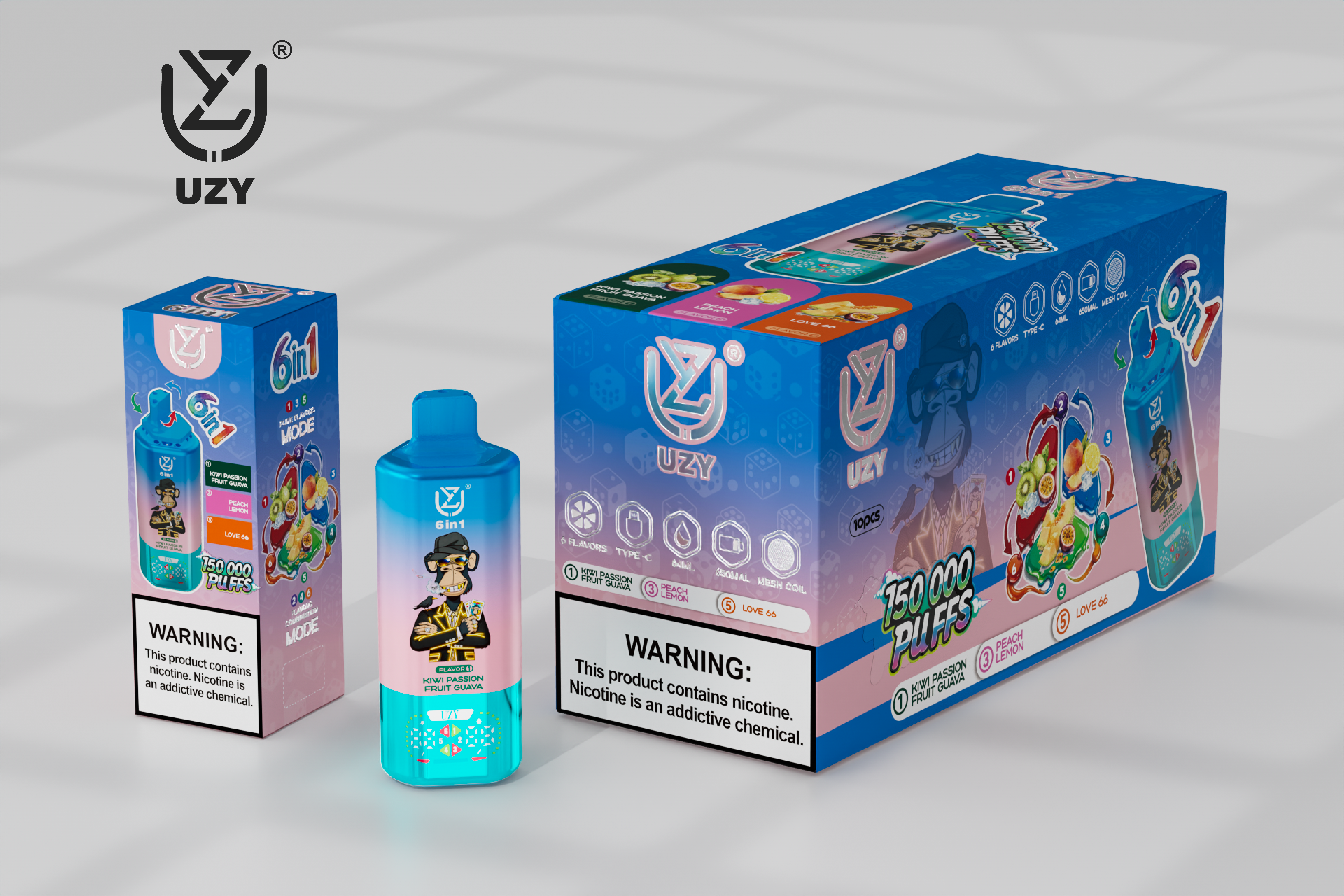 UZY 6-in-1 150K Puffs Quad Mesh Coil 46ml E-liquid 650mAh Battery LED Display  0%2%5% Nicotine Strengths  Disposable Vape - Vapo247