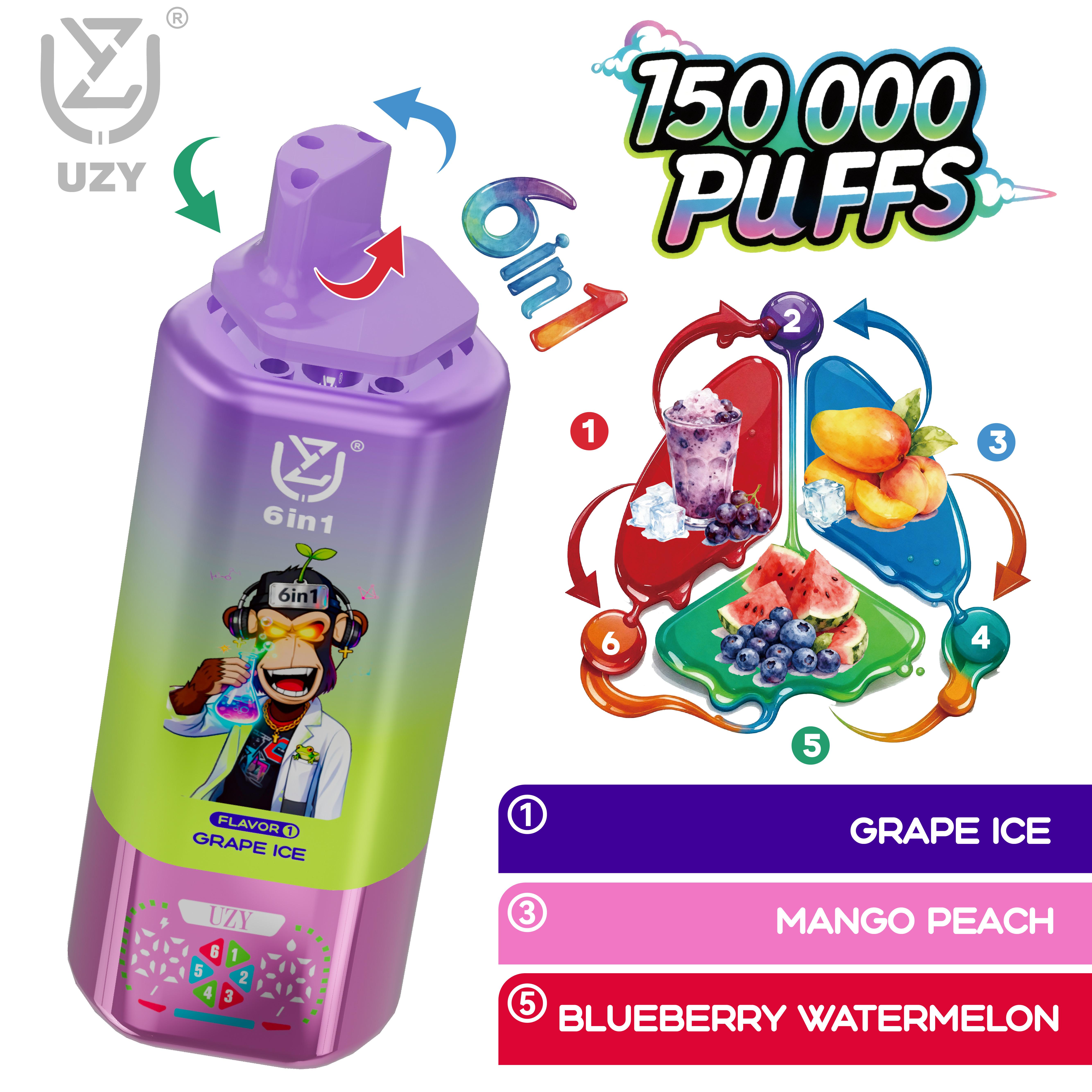 UZY 6-in-1 150K Puffs Quad Mesh Coil 46ml E-liquid 650mAh Battery LED Display  0%2%5% Nicotine Strengths  Disposable Vape - Vapo247