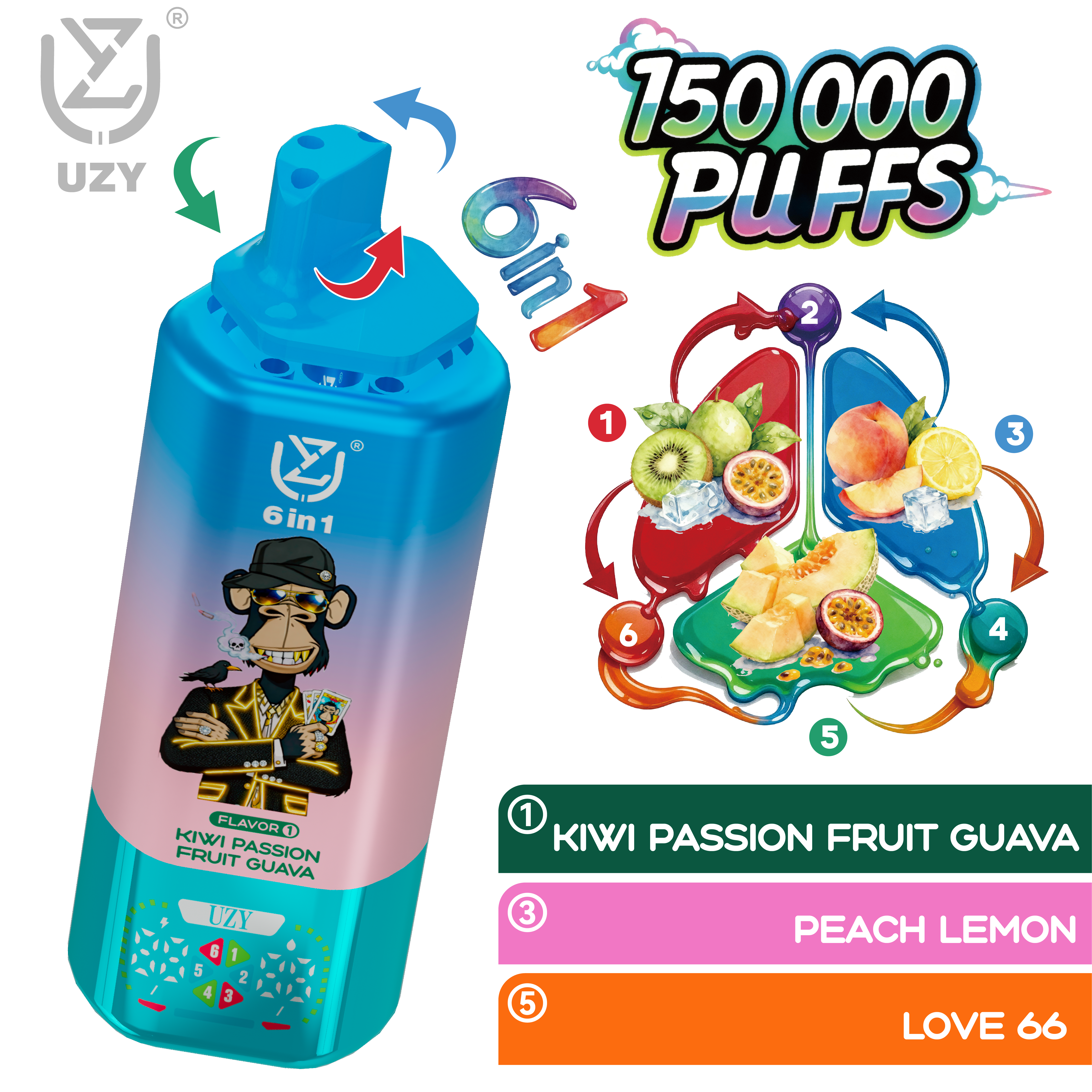 UZY 6-in-1 150K Puffs Quad Mesh Coil 46ml E-liquid 650mAh Battery LED Display  0%2%5% Nicotine Strengths  Disposable Vape - Vapo247