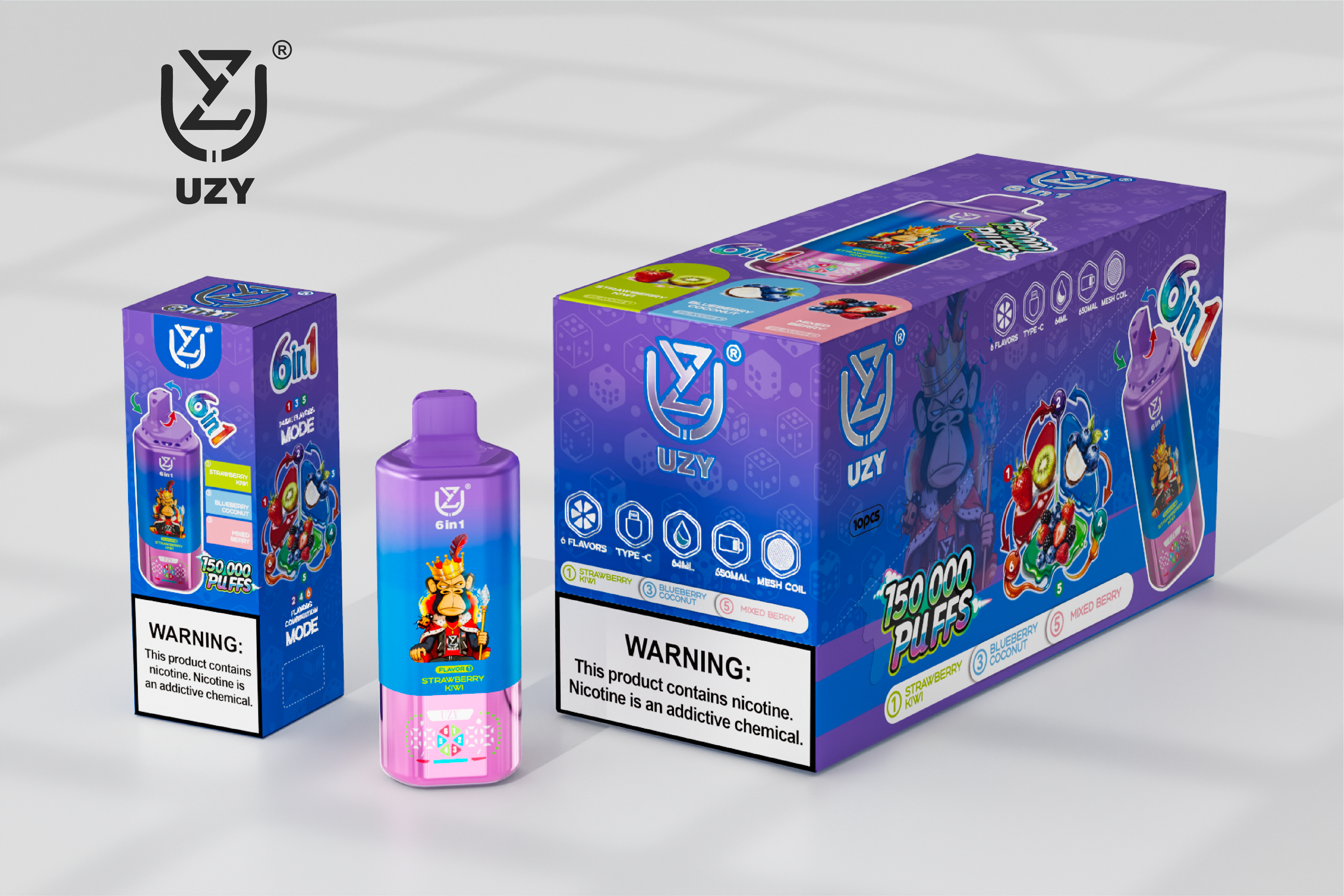 UZY 6-in-1 150K Puffs Quad Mesh Coil 46ml E-liquid 650mAh Battery LED Display  0%2%5% Nicotine Strengths  Disposable Vape - Vapo247