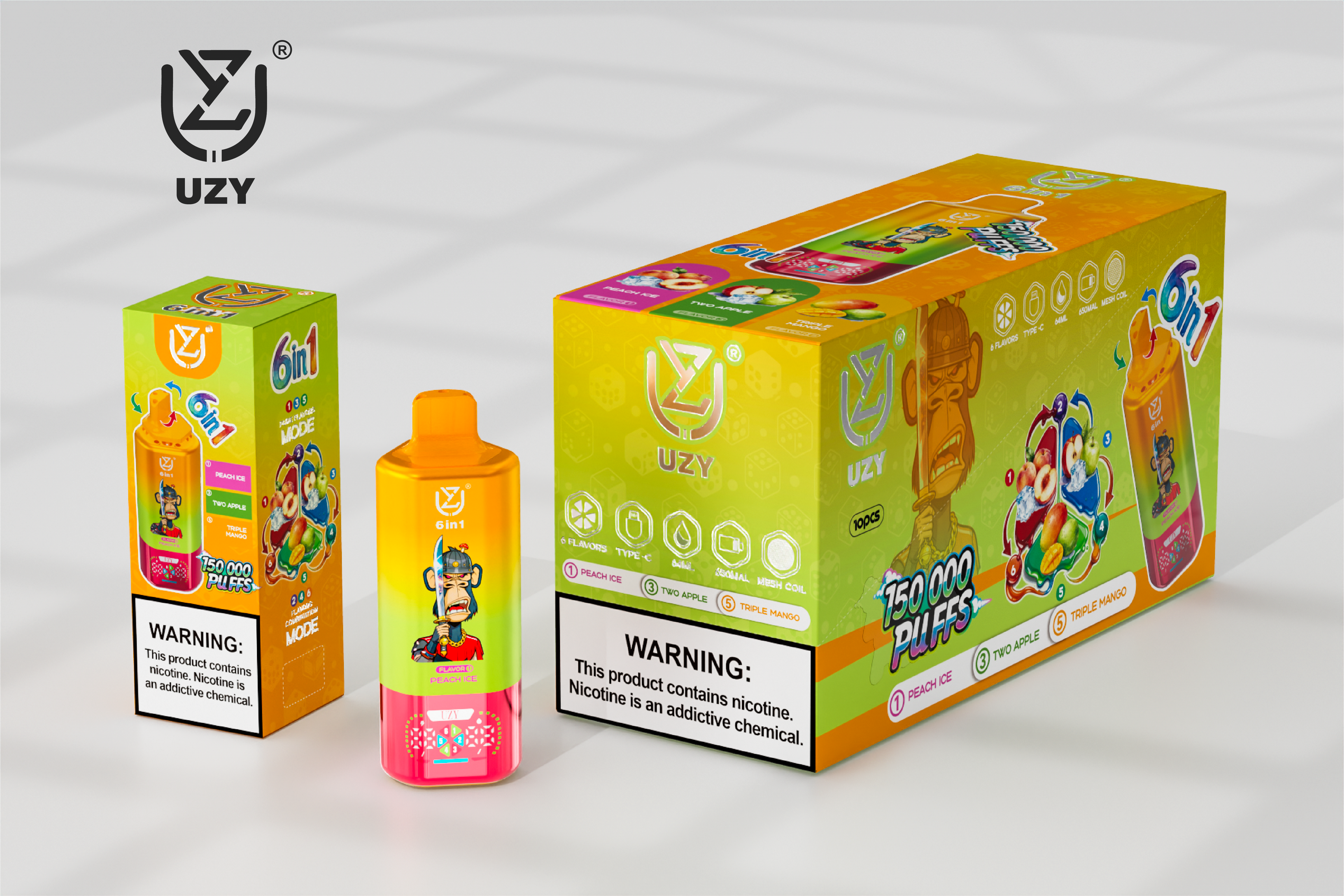 UZY 6-in-1 150K Puffs Quad Mesh Coil 46ml E-liquid 650mAh Battery LED Display  0%2%5% Nicotine Strengths  Disposable Vape - Vapo247