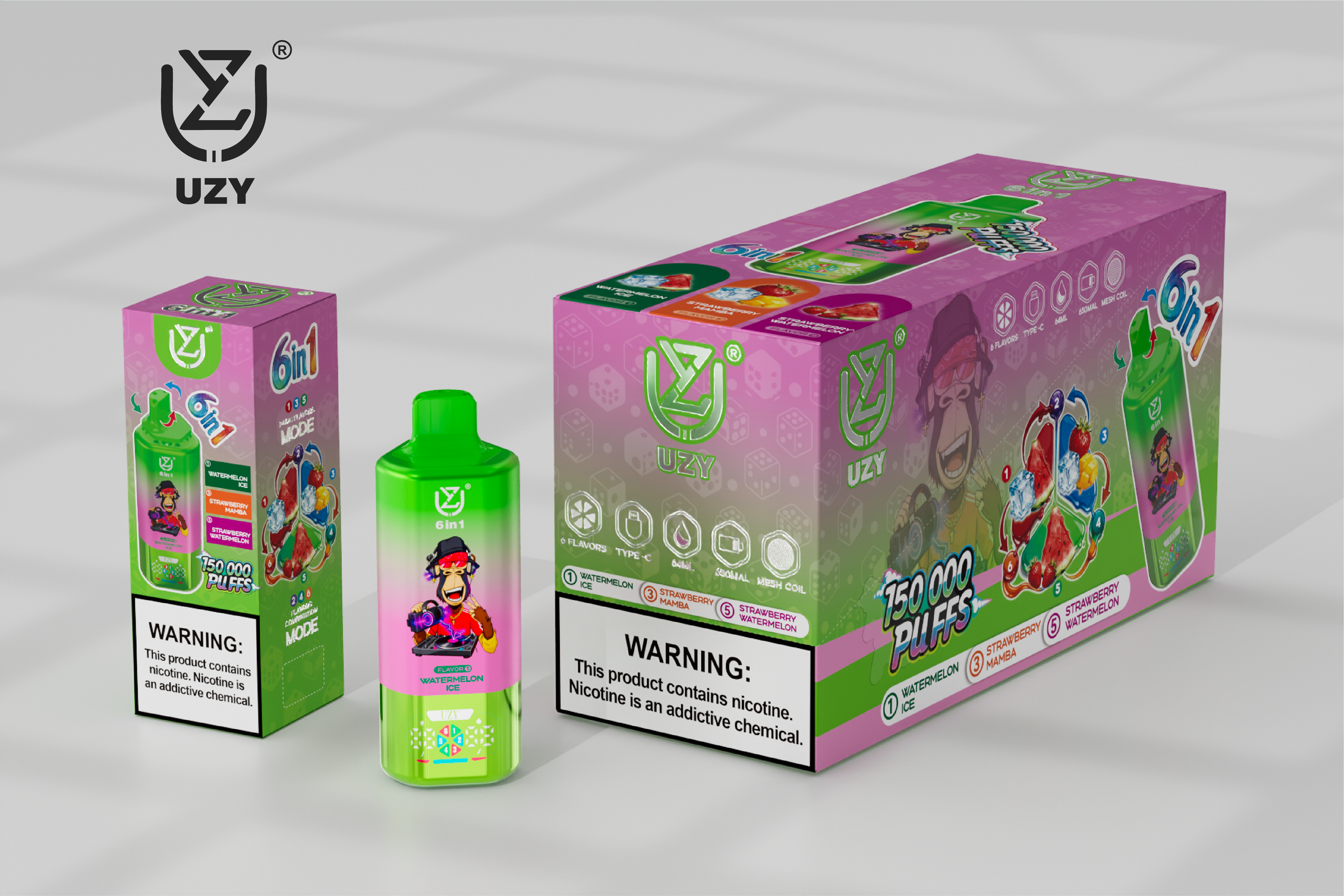 UZY 6-in-1 150K Puffs Quad Mesh Coil 46ml E-liquid 650mAh Battery LED Display  0%2%5% Nicotine Strengths  Disposable Vape - Vapo247