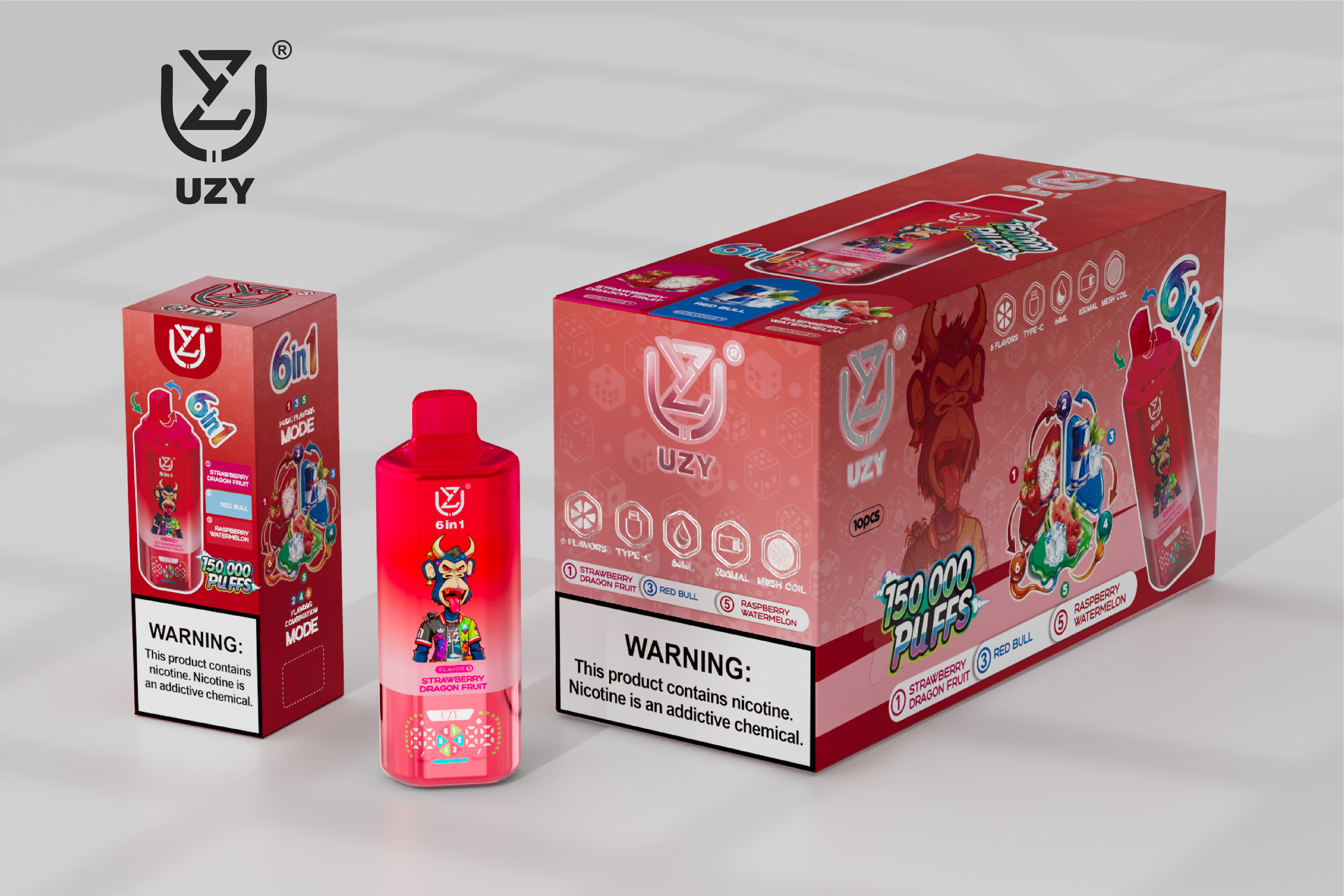 UZY 6-in-1 150K Puffs Quad Mesh Coil 46ml E-liquid 650mAh Battery LED Display  0%2%5% Nicotine Strengths  Disposable Vape - Vapo247