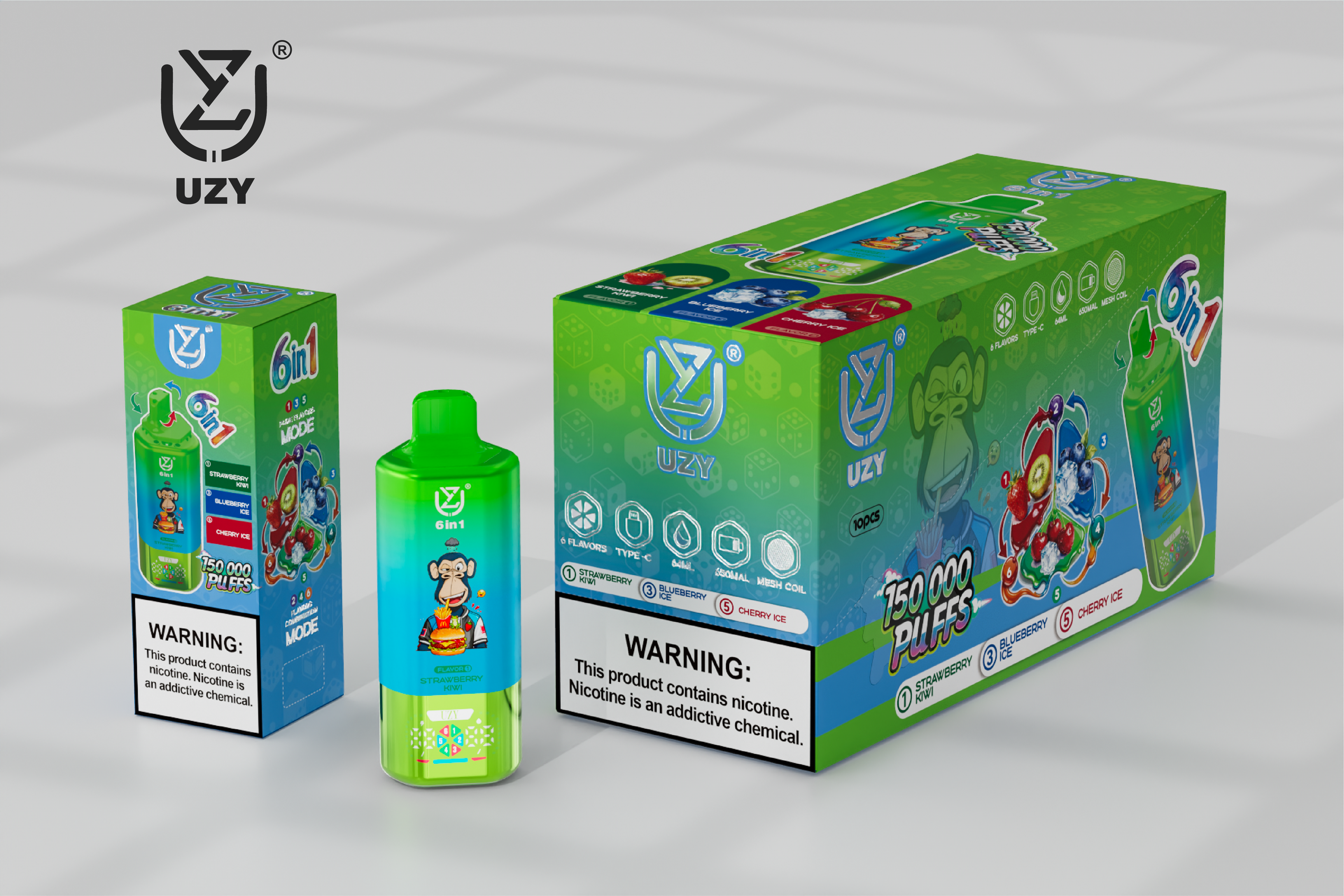 UZY 6-in-1 150K Puffs Quad Mesh Coil 46ml E-liquid 650mAh Battery LED Display  0%2%5% Nicotine Strengths  Disposable Vape - Vapo247