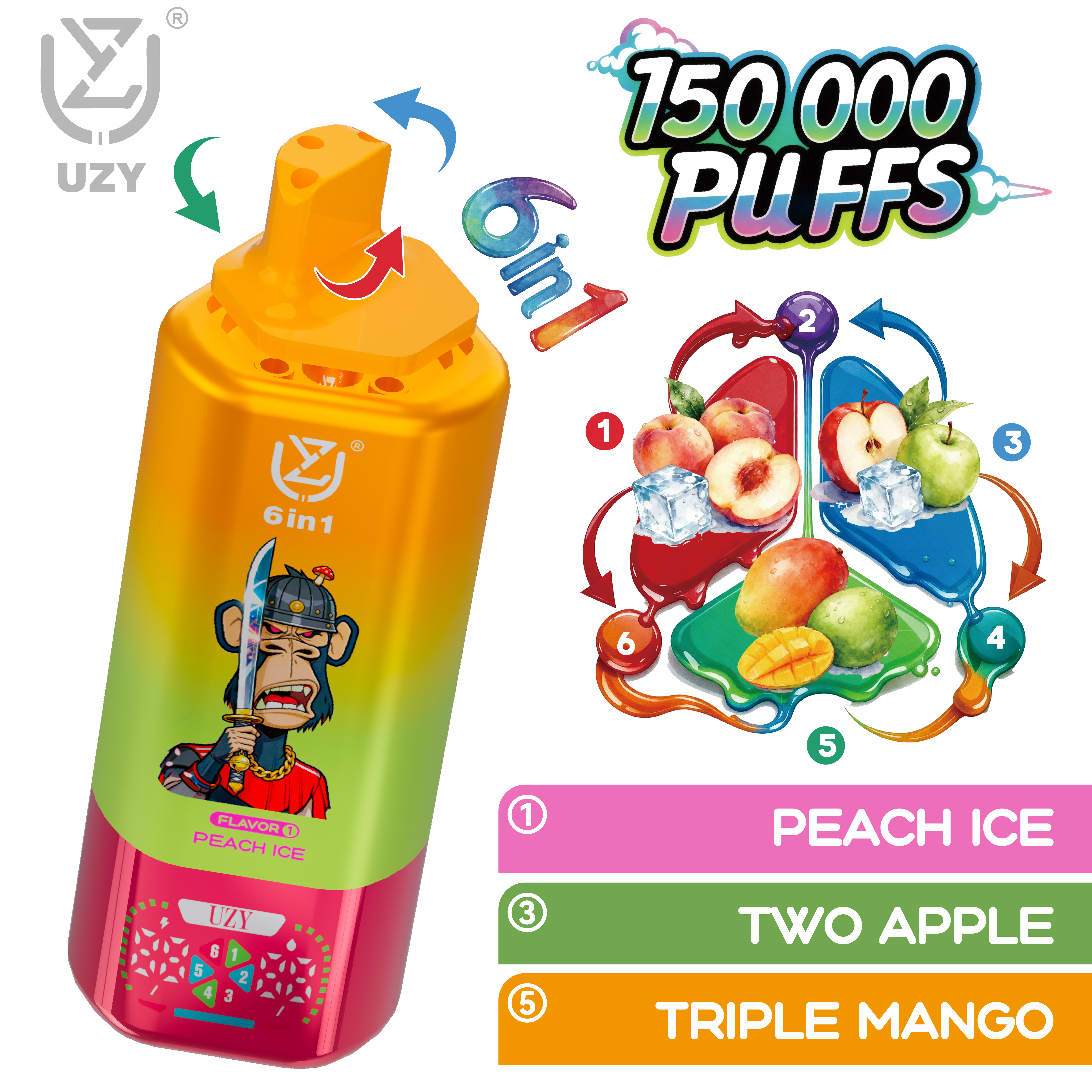 UZY 6-in-1 150K Puffs Quad Mesh Coil 46ml E-liquid 650mAh Battery LED Display  0%2%5% Nicotine Strengths  Disposable Vape - Vapo247