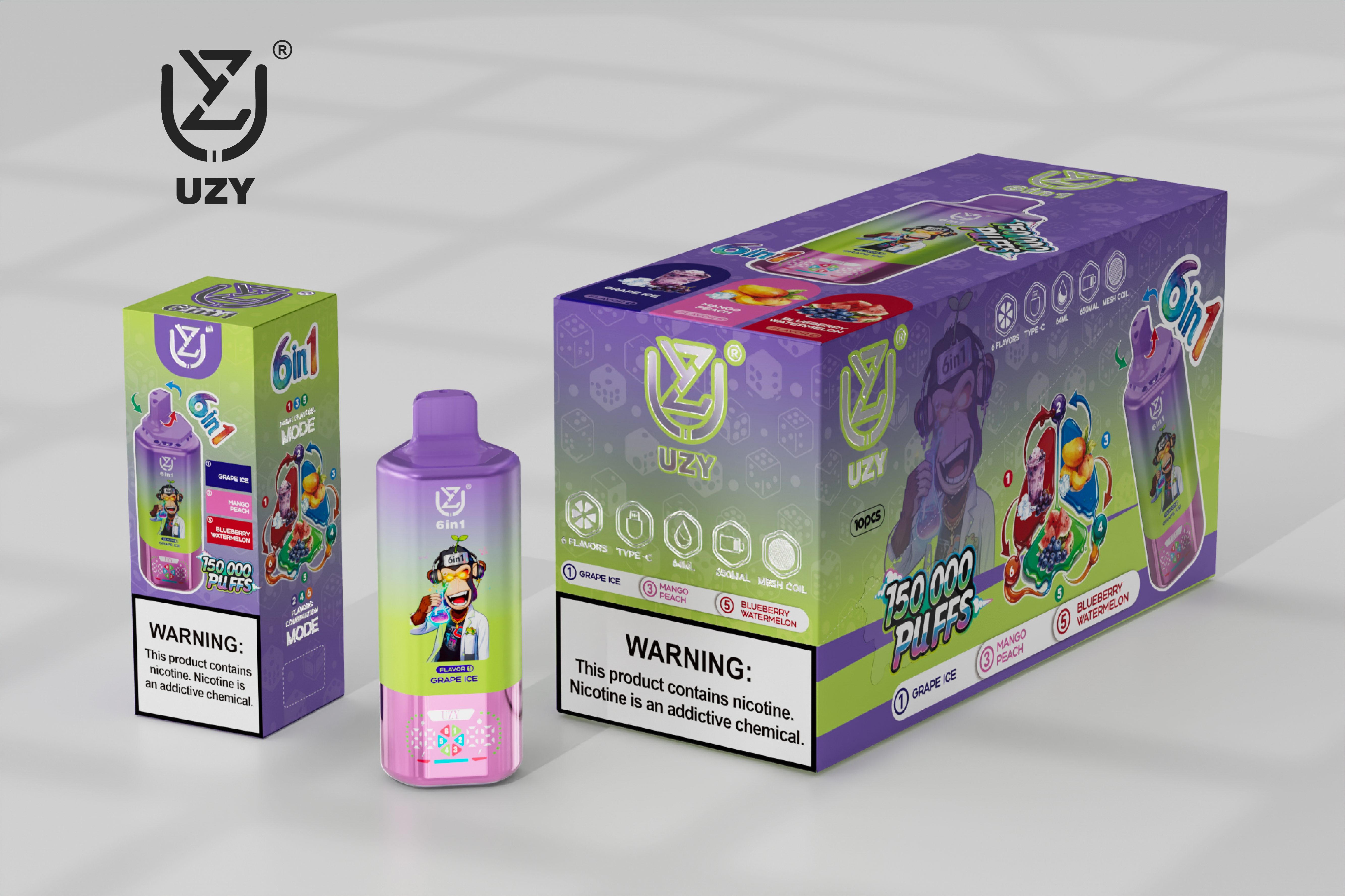 UZY 6-in-1 150K Puffs Quad Mesh Coil 46ml E-liquid 650mAh Battery LED Display  0%2%5% Nicotine Strengths  Disposable Vape - Vapo247