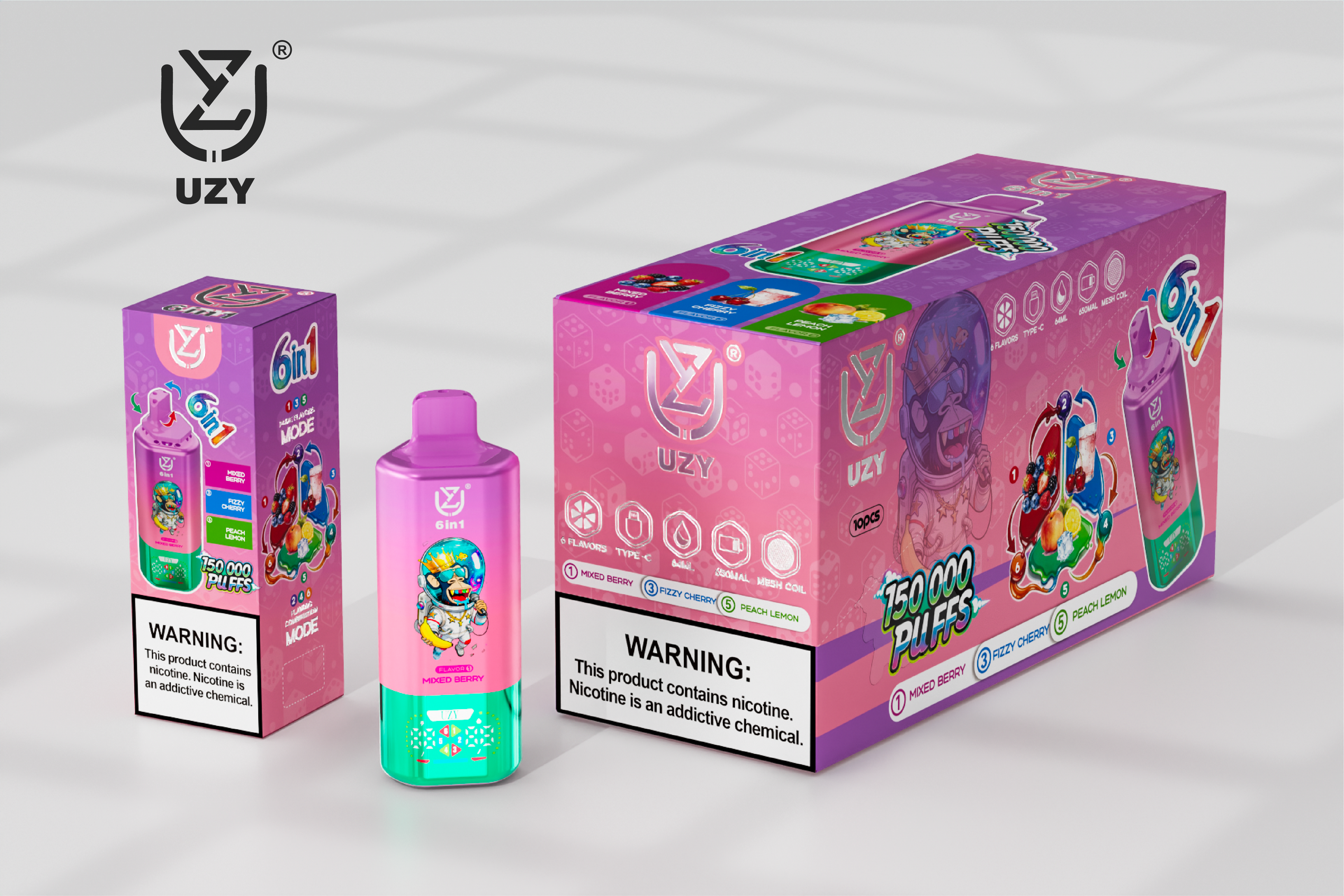 UZY 6-in-1 150K Puffs Quad Mesh Coil 46ml E-liquid 650mAh Battery LED Display  0%2%5% Nicotine Strengths  Disposable Vape - Vapo247