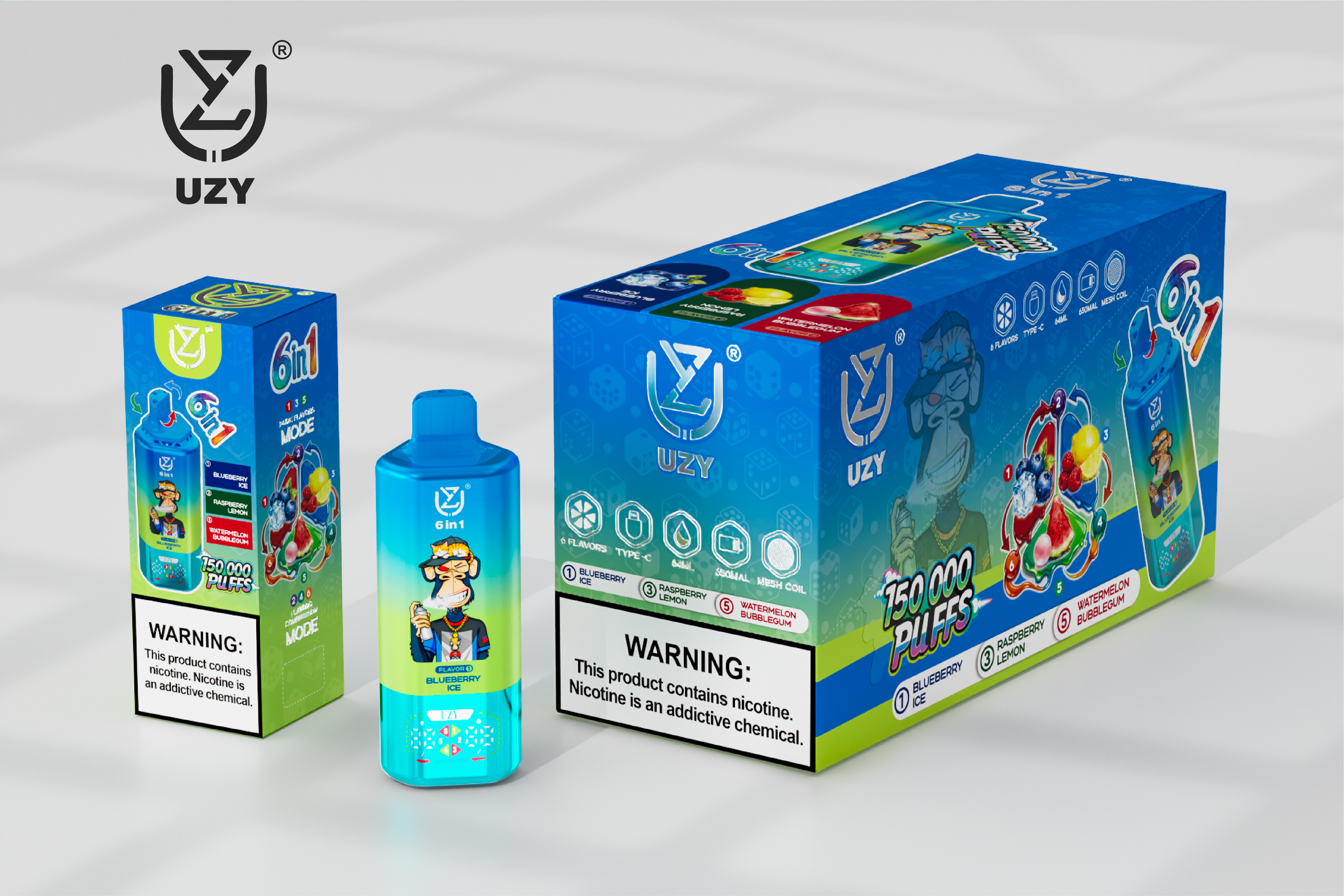 UZY 6-in-1 150K Puffs Quad Mesh Coil 46ml E-liquid 650mAh Battery LED Display  0%2%5% Nicotine Strengths  Disposable Vape - Vapo247