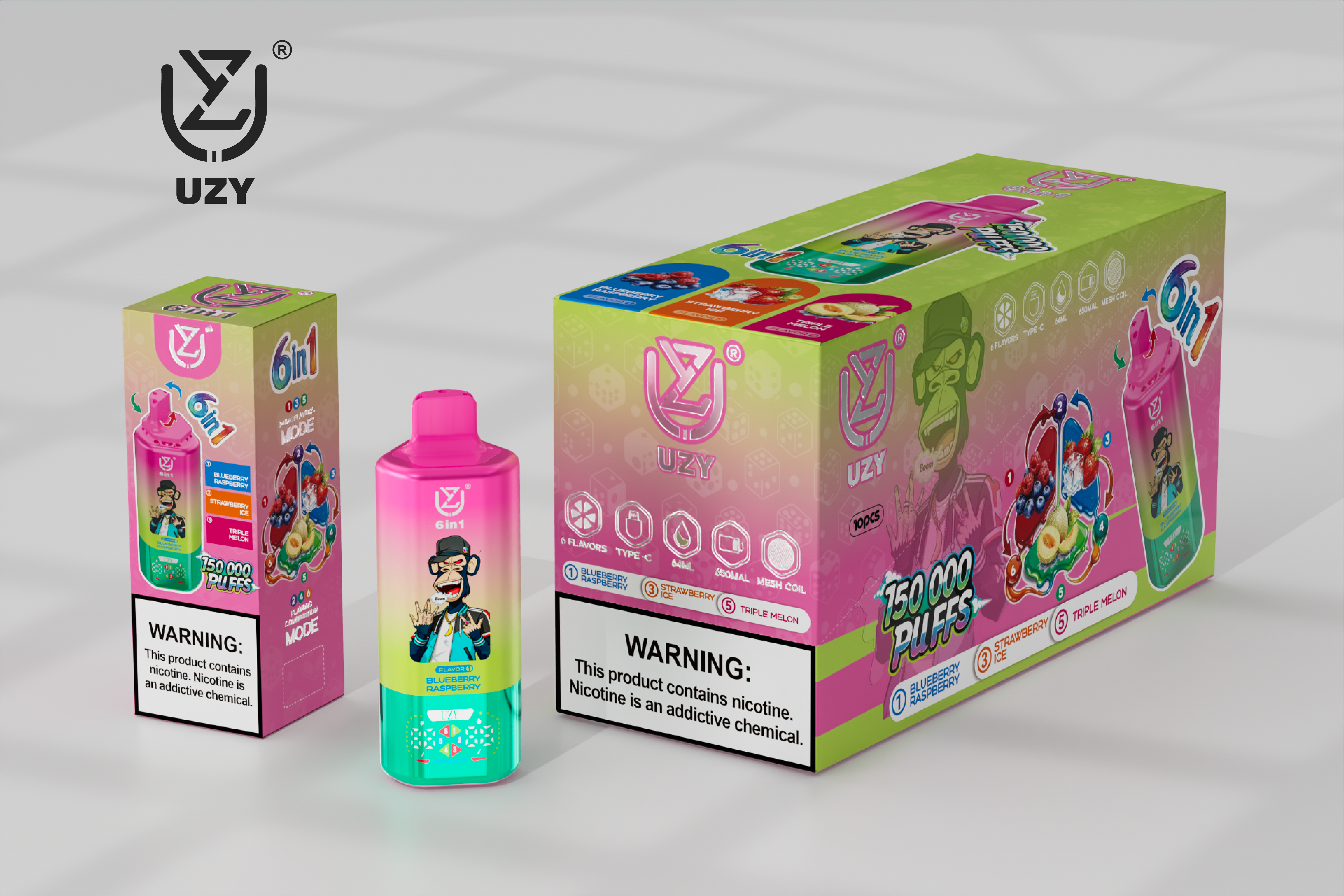 UZY 6-in-1 150K Puffs Quad Mesh Coil 46ml E-liquid 650mAh Battery LED Display  0%2%5% Nicotine Strengths  Disposable Vape - Vapo247