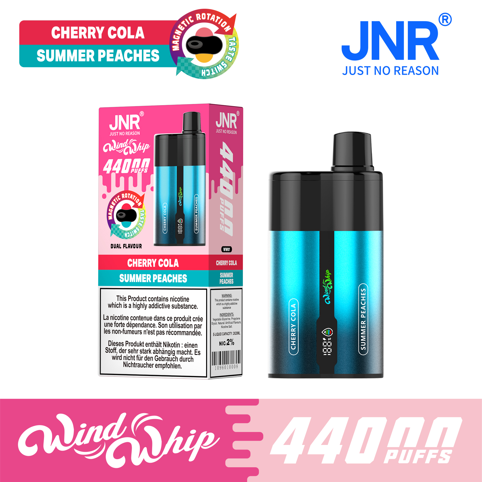 JNR Wind Whip 44000 Puffs 2-in-1 Smart Screen Adjustable Airflow 800mAh Battery Type-C rechargeable Disposable Vape - Vapo247