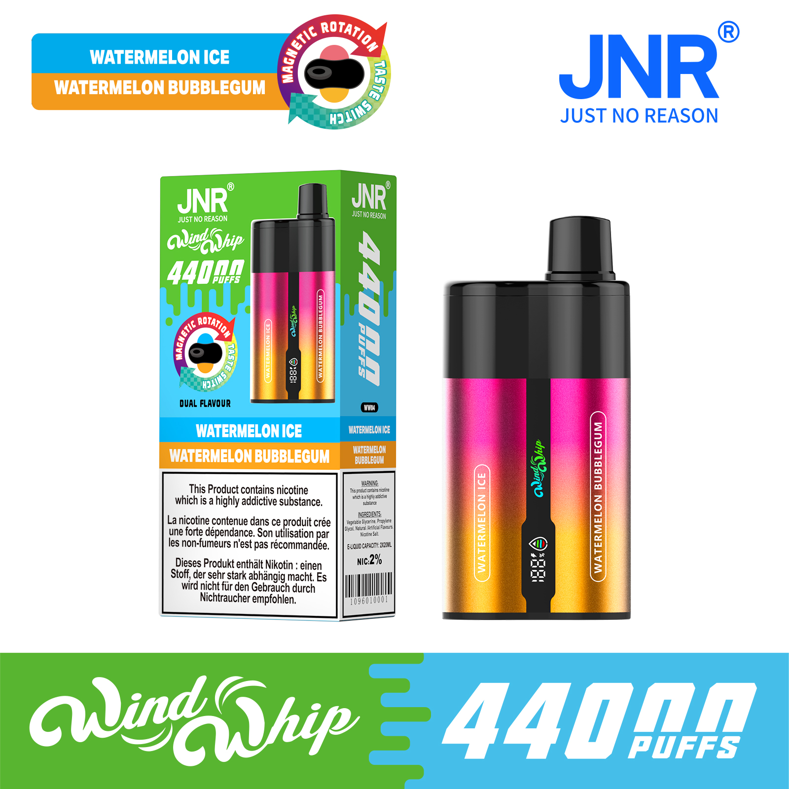 JNR Wind Whip 44000 Puffs 2-in-1 Smart Screen Adjustable Airflow 800mAh Battery Type-C rechargeable Disposable Vape - Vapo247