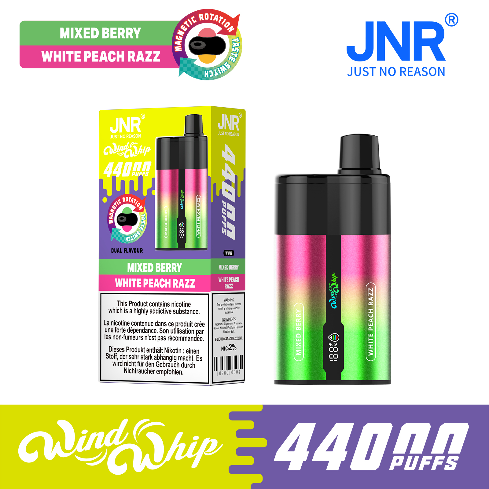 JNR Wind Whip 44000 Puffs 2-in-1 Smart Screen Adjustable Airflow 800mAh Battery Type-C rechargeable Disposable Vape - Vapo247