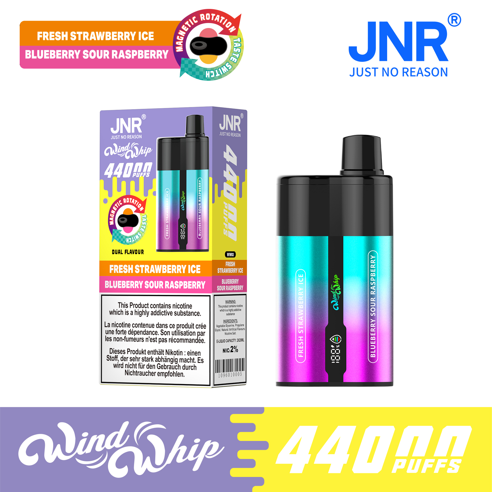 JNR Wind Whip 44000 Puffs 2-in-1 Smart Screen Adjustable Airflow 800mAh Battery Type-C rechargeable Disposable Vape - Vapo247