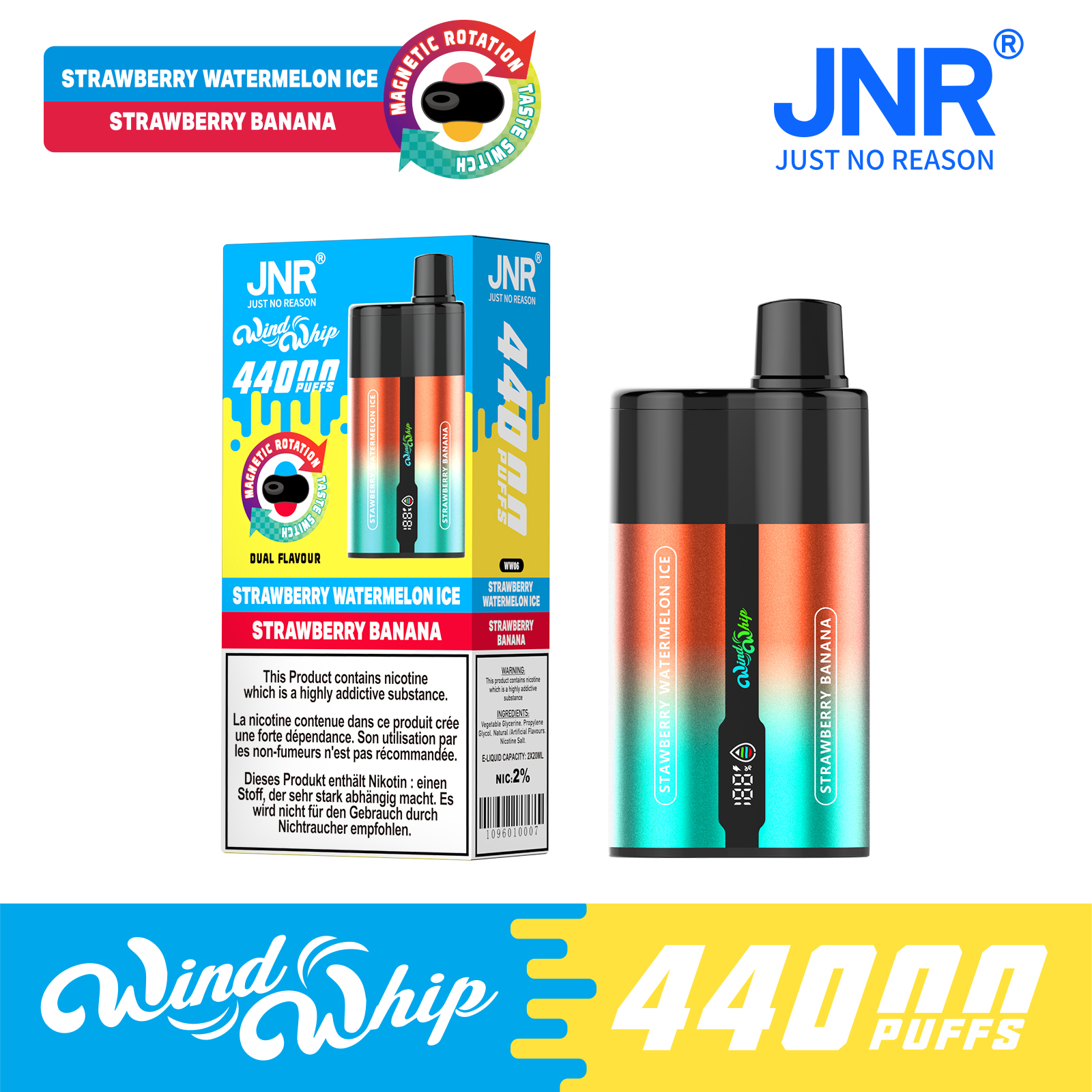 JNR Wind Whip 44000 Puffs 2-in-1 Smart Screen Adjustable Airflow 800mAh Battery Type-C rechargeable Disposable Vape - Vapo247