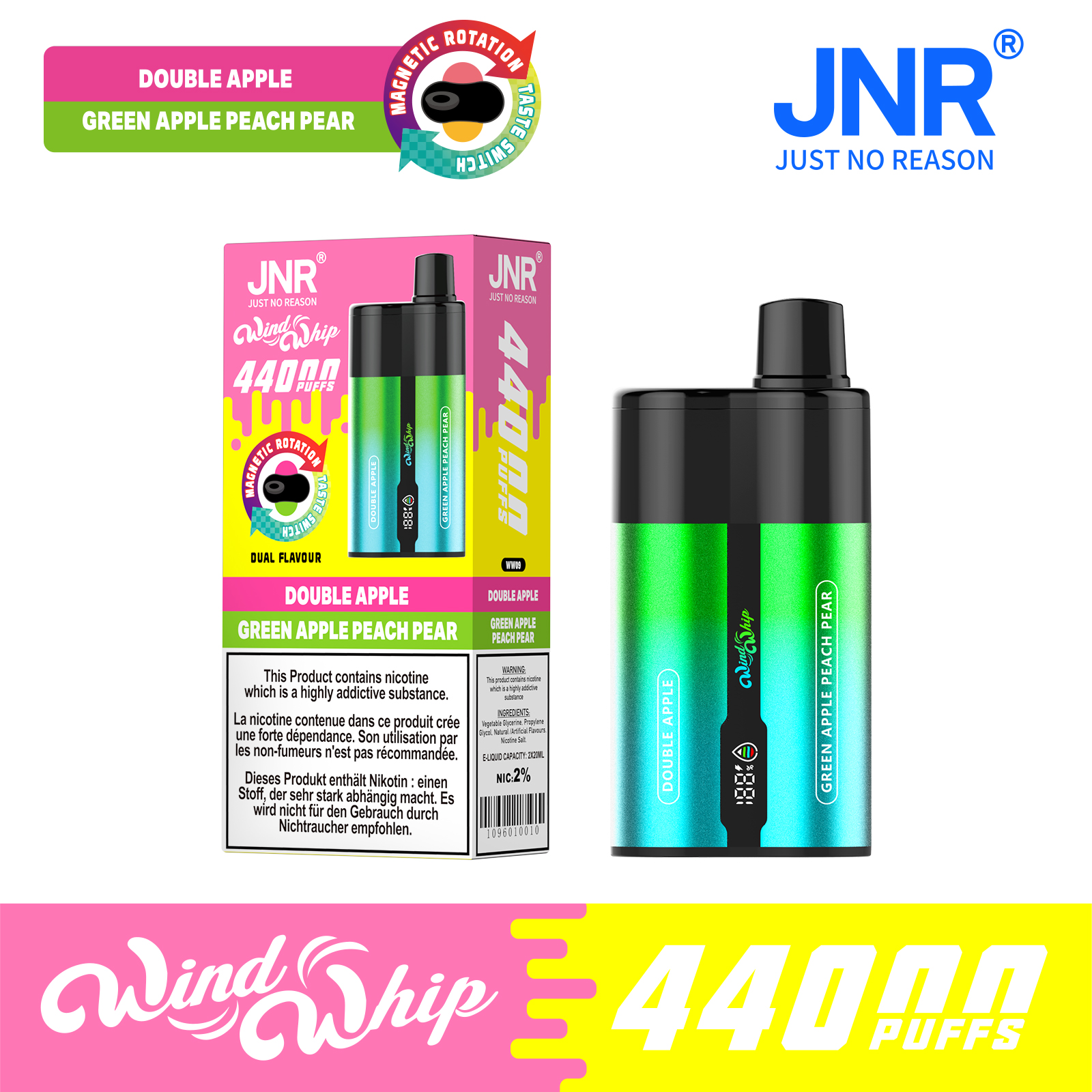 JNR Wind Whip 44000 Puffs 2-in-1 Smart Screen Adjustable Airflow 800mAh Battery Type-C rechargeable Disposable Vape - Vapo247