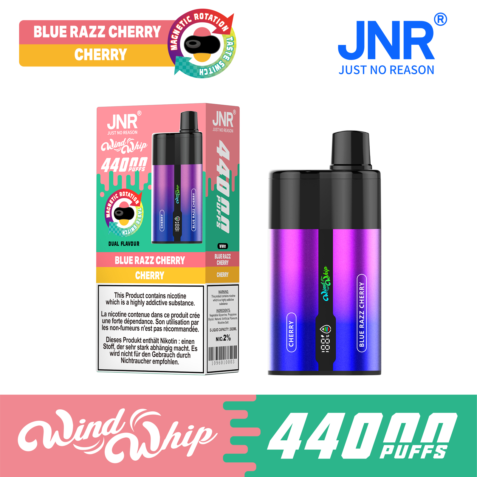 JNR Wind Whip 44000 Puffs 2-in-1 Smart Screen Adjustable Airflow 800mAh Battery Type-C rechargeable Disposable Vape - Vapo247