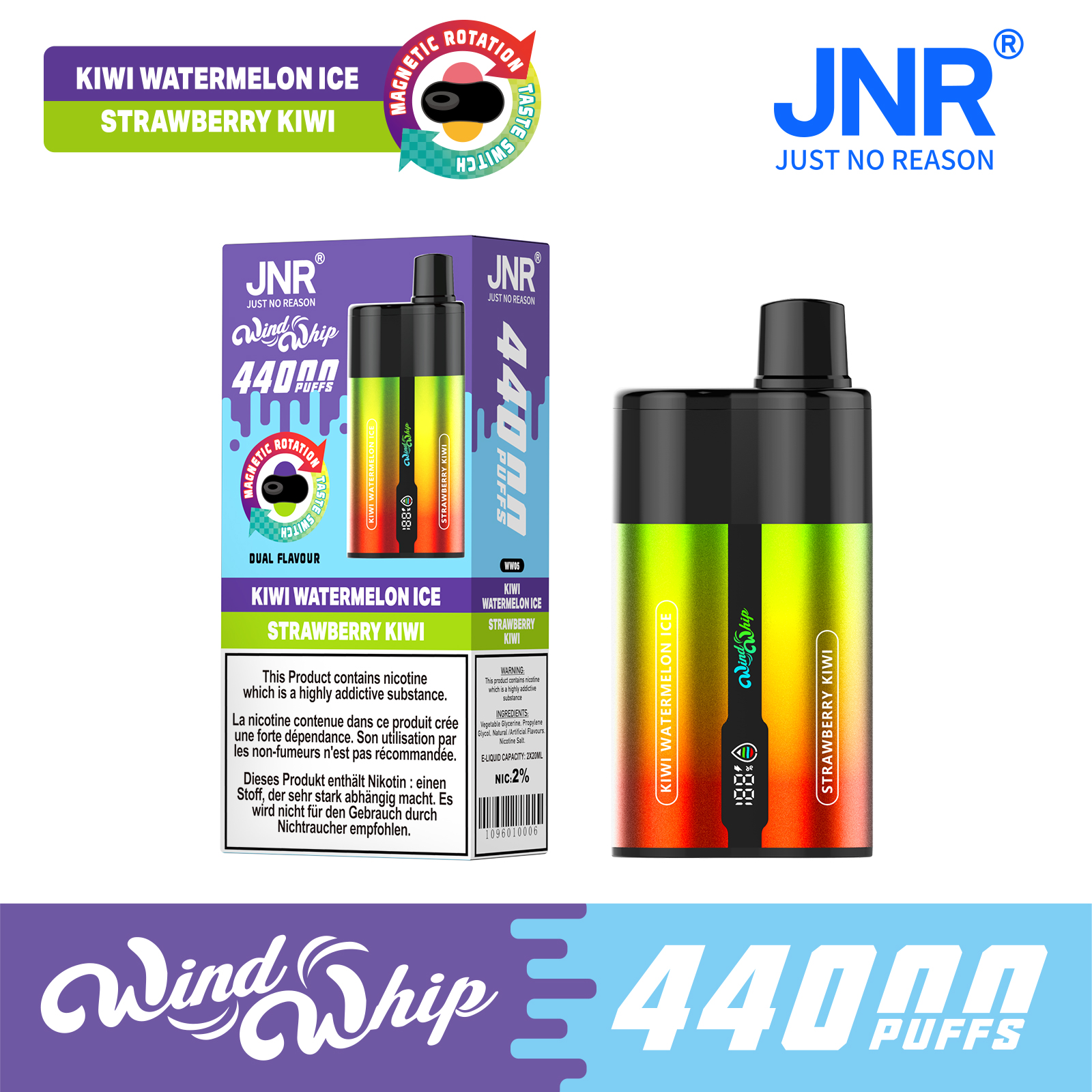 JNR Wind Whip 44000 Puffs 2-in-1 Smart Screen Adjustable Airflow 800mAh Battery Type-C rechargeable Disposable Vape - Vapo247