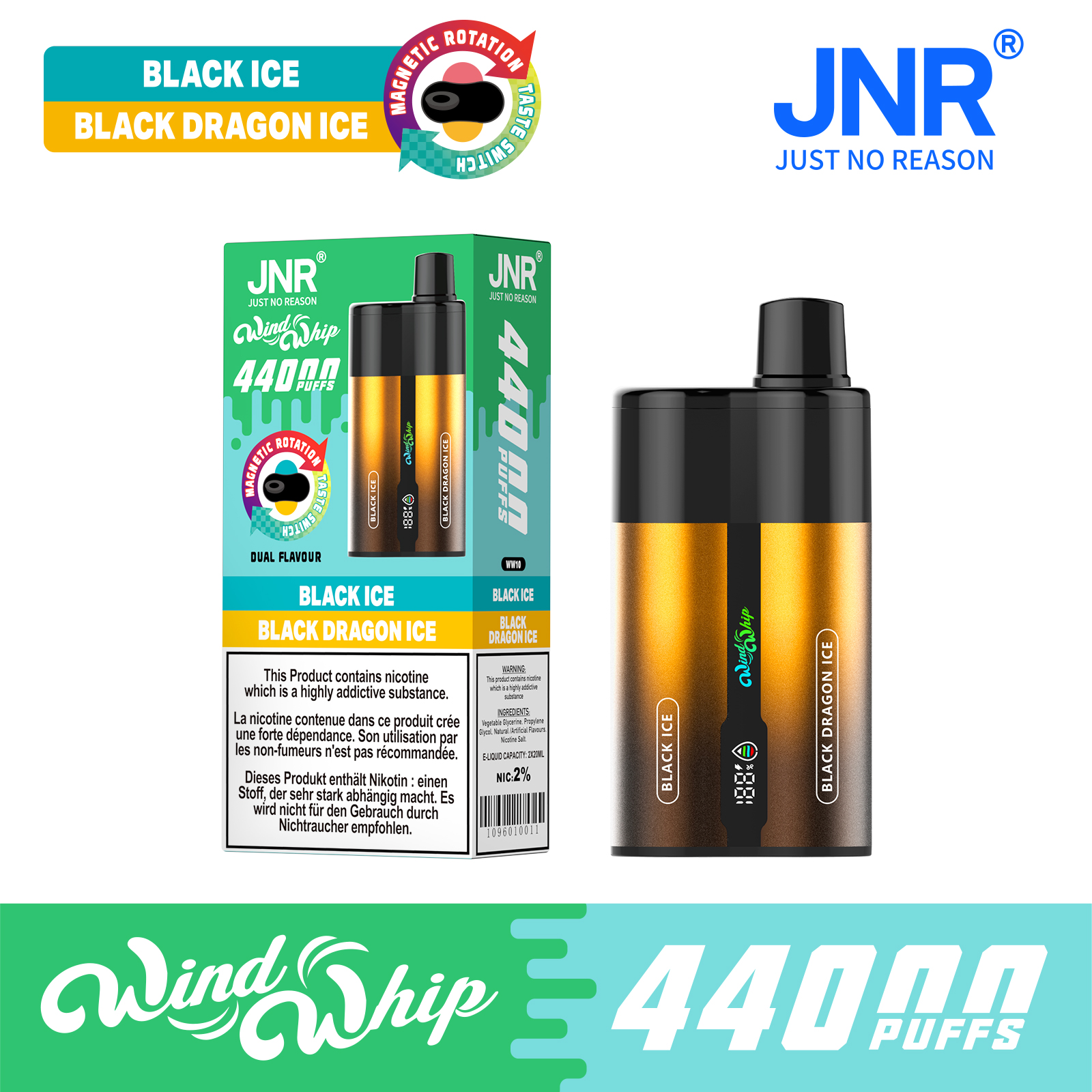 JNR Wind Whip 44000 Puffs 2-in-1 Smart Screen Adjustable Airflow 800mAh Battery Type-C rechargeable Disposable Vape - Vapo247