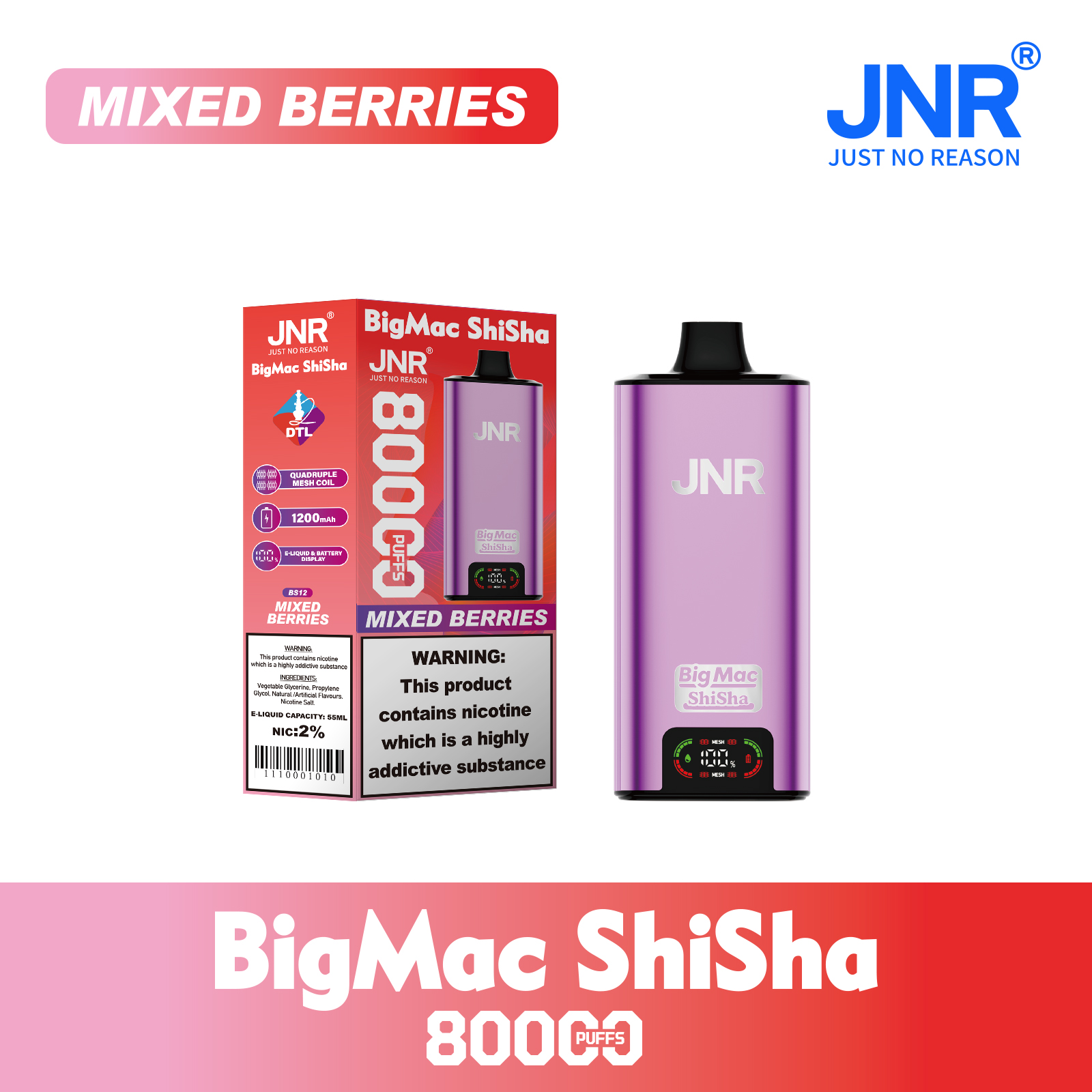 JNR Big Mac Shisha 80000 Puffs 55ml E-Liquid Quad Mesh Coil with DTL Vaping Smart Screen Adjustable Airflow Disposable Vape - Vapo247