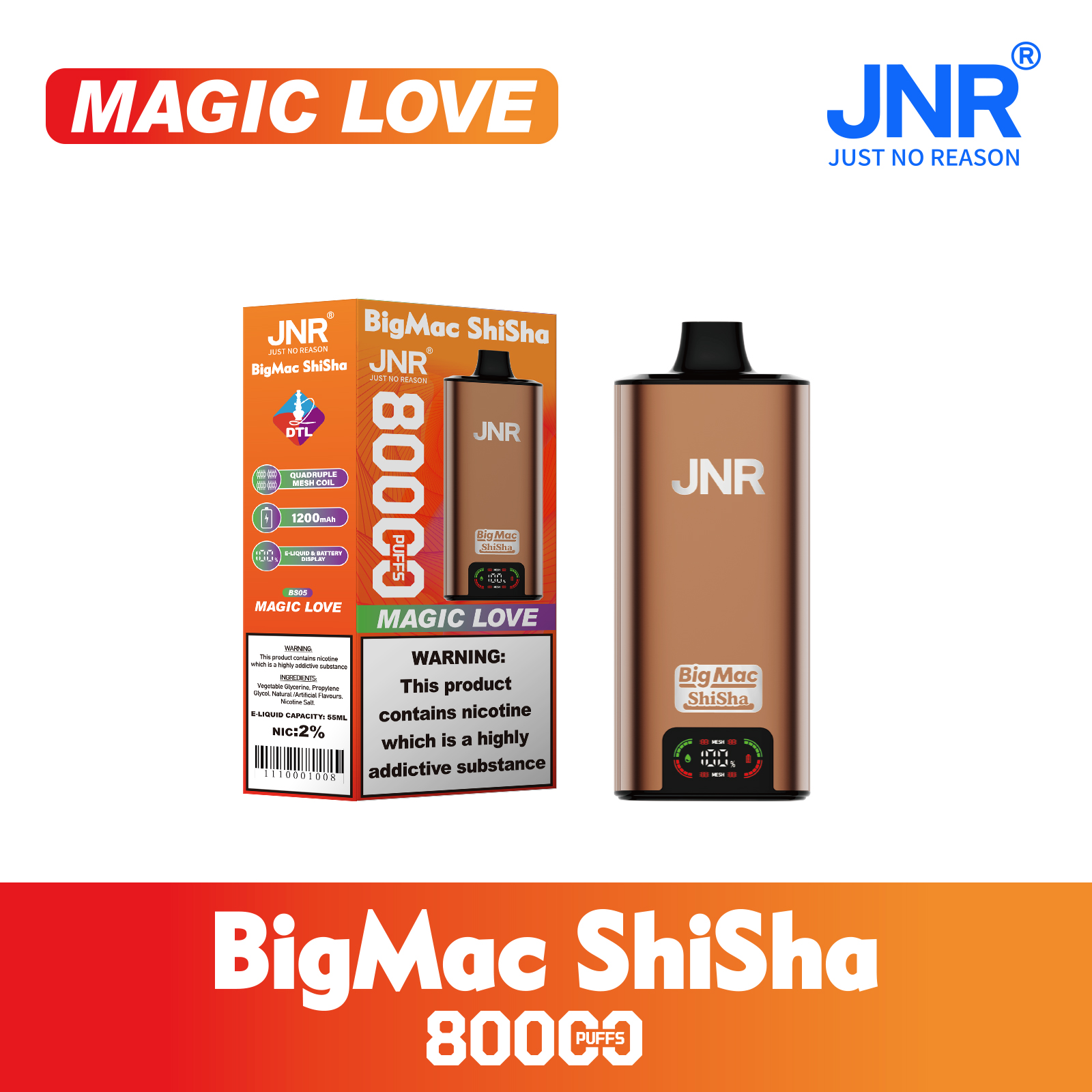 JNR Big Mac Shisha 80000 Puffs 55ml E-Liquid Quad Mesh Coil with DTL Vaping Smart Screen Adjustable Airflow Disposable Vape - Vapo247