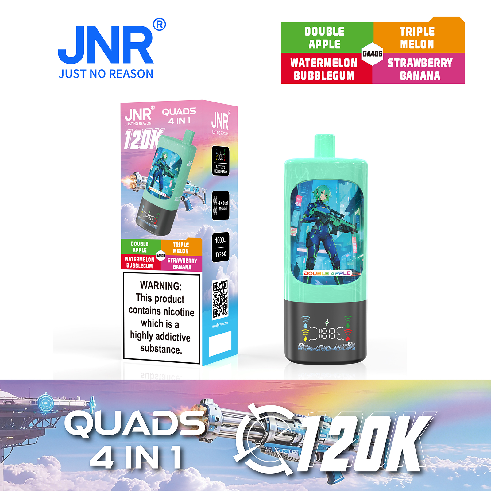 JNR QUADS 4-in-1 120K Puffs Quad Maesh Coil Smart Screen Display 1000mAh Battery Type-C rechargeable Disposable Vape - Vapo247