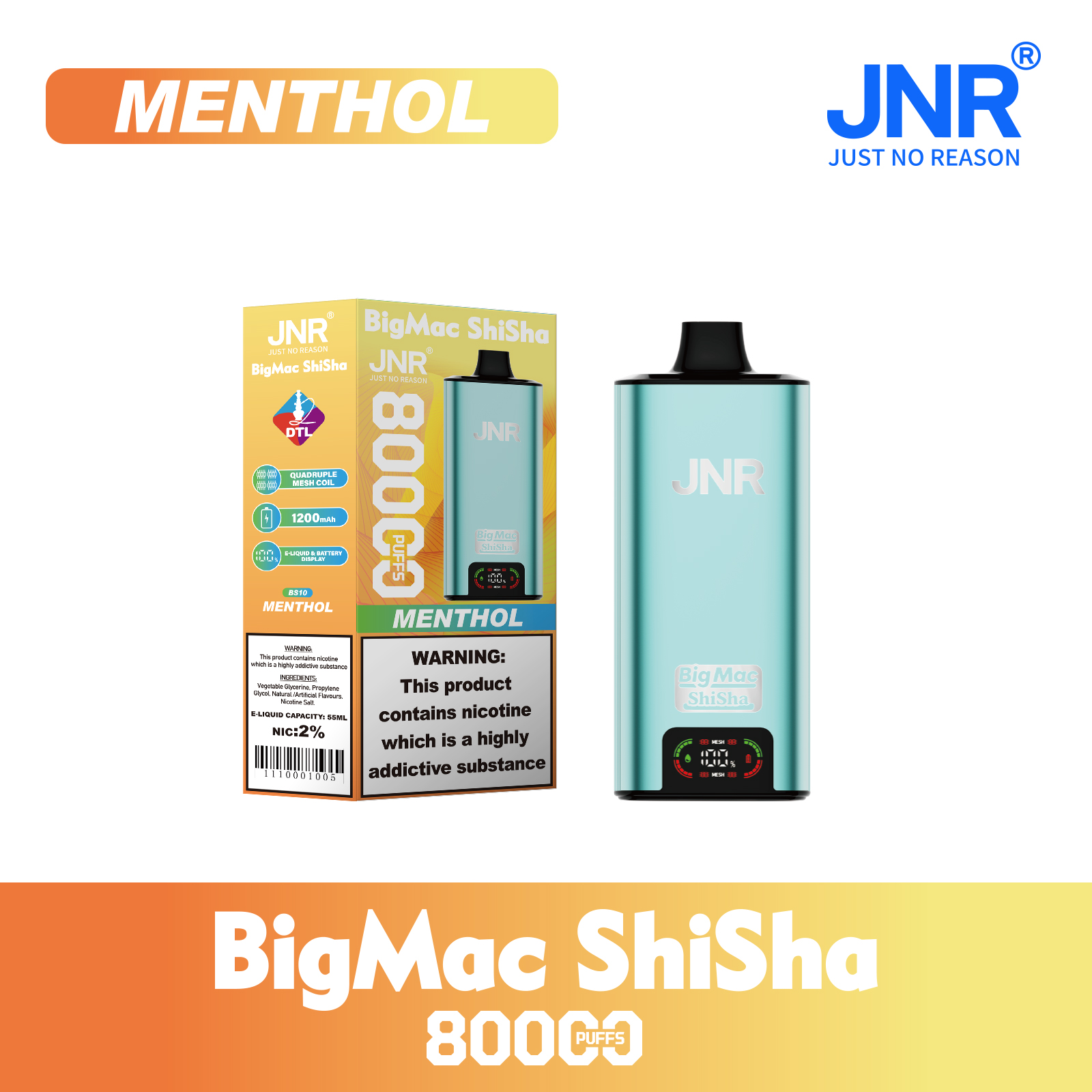 JNR Big Mac Shisha 80000 Puffs 55ml E-Liquid Quad Mesh Coil with DTL Vaping Smart Screen Adjustable Airflow Disposable Vape - Vapo247