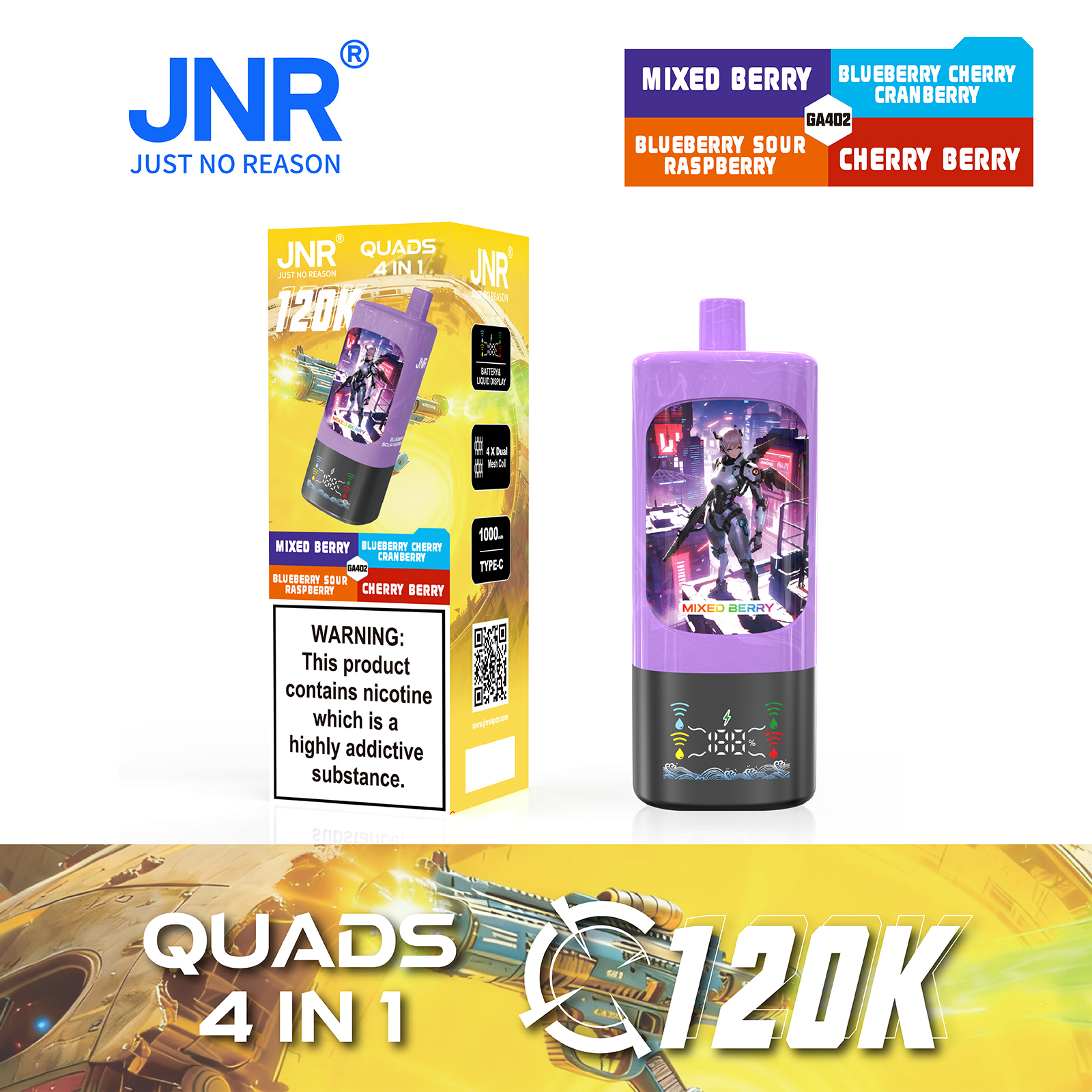 JNR QUADS 4-in-1 120K Puffs Quad Maesh Coil Smart Screen Display 1000mAh Battery Type-C rechargeable Disposable Vape - Vapo247